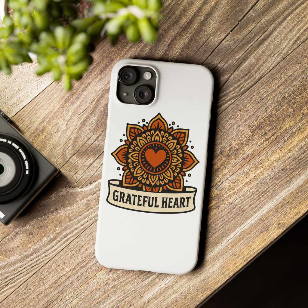 Grateful Heart Mandala Phone Case, Mindfulness Gift for Yoga Lover, Boho Gratitude Quote, Wellness Housewarming Gift Woman