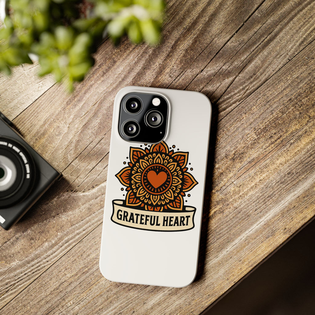 Grateful Heart Mandala Phone Case, Mindfulness Gift for Yoga Lover, Boho Gratitude Quote, Wellness Housewarming Gift Woman