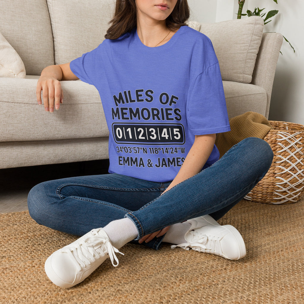 Personalized Anniversary Shirt for Couples | Miles of Memories Custom Odometer Tee | Romantic Travel Gift with Coordinates & Names