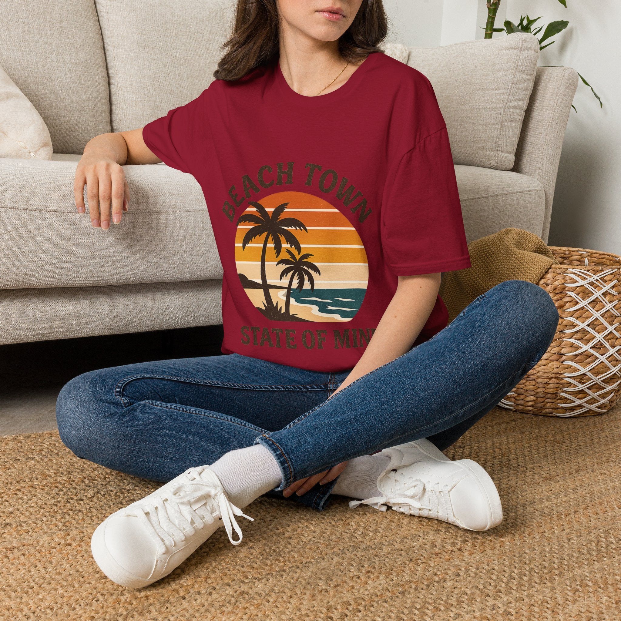 Beach Town State of Mind Shirt, Vintage Sunset Beach Tee, Coastal Living Gift, Palm Tree Vacation Shirt, Retro Beach Lover Gift