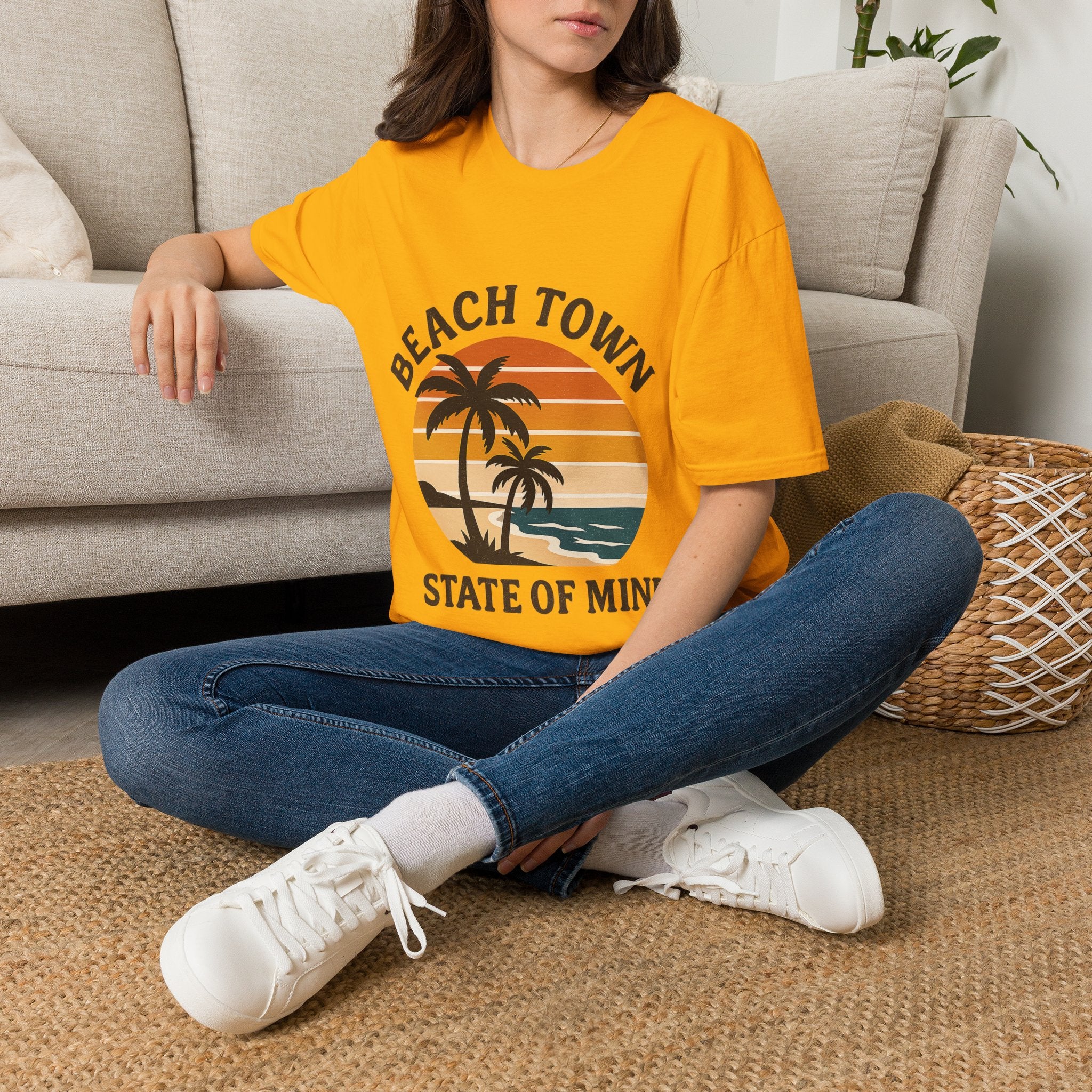 Beach Town State of Mind Shirt, Vintage Sunset Beach Tee, Coastal Living Gift, Palm Tree Vacation Shirt, Retro Beach Lover Gift