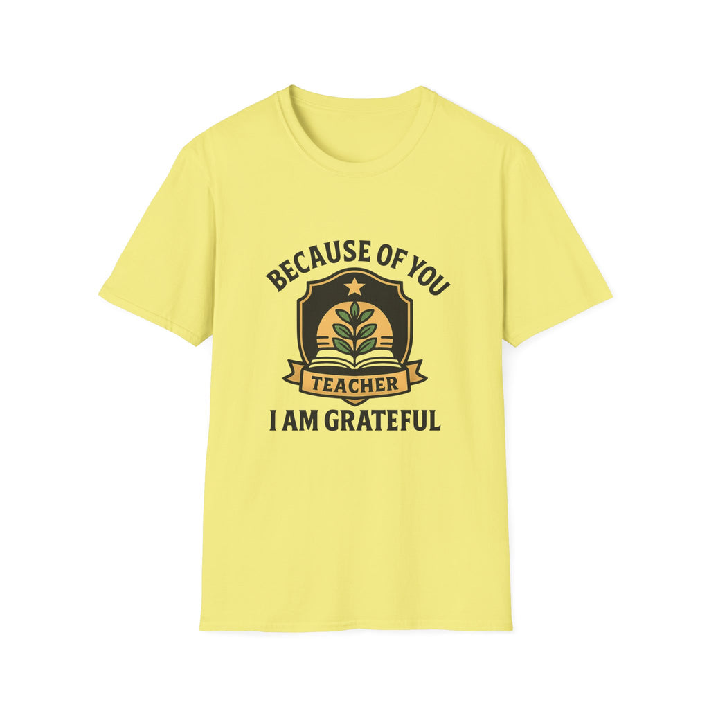 Teacher Appreciation Shirt, Because of You I Am Grateful T-Shirt, Teacher Gift, Thank You Teacher Tee, End of Year Gift