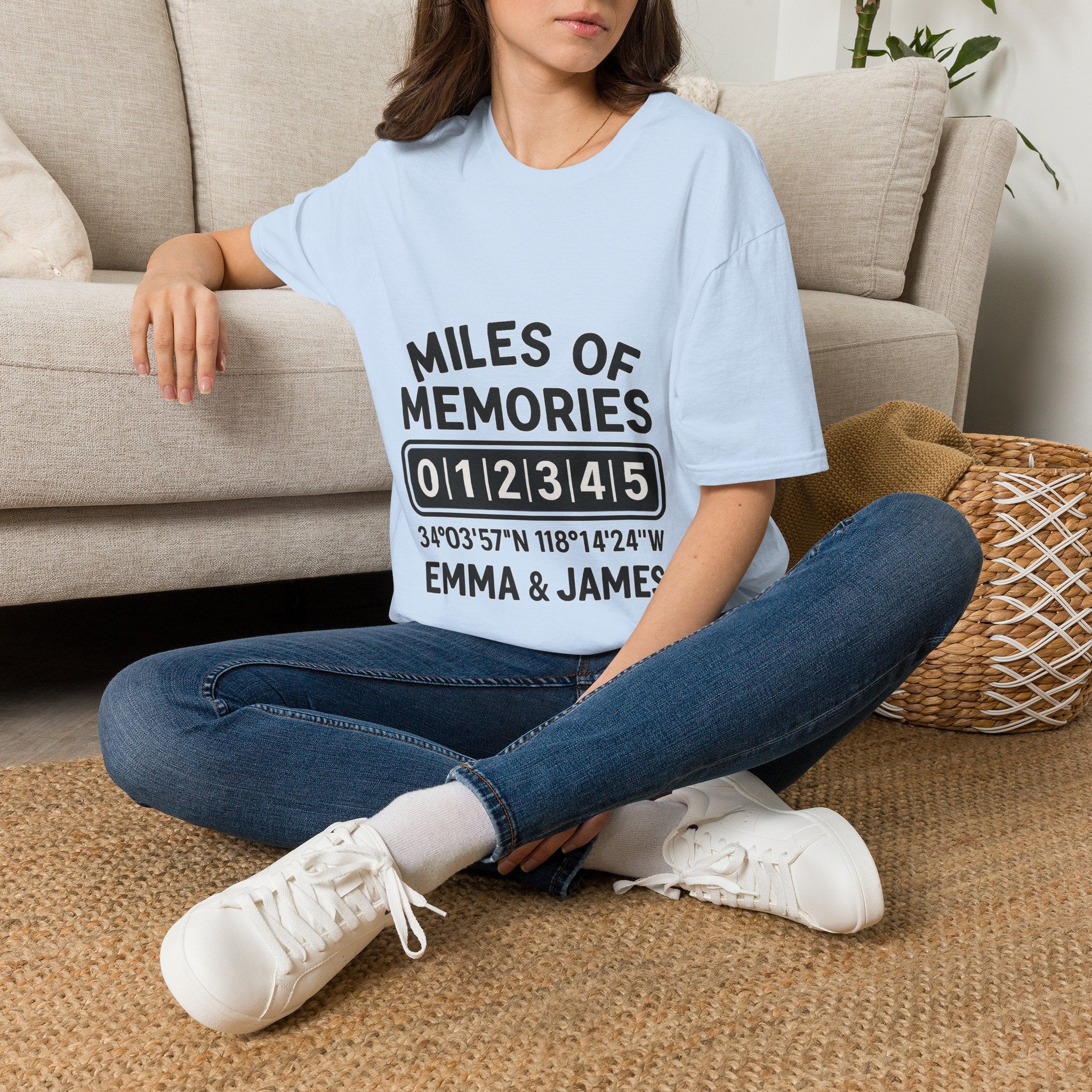 Personalized Anniversary Shirt for Couples | Miles of Memories Custom Odometer Tee | Romantic Travel Gift with Coordinates & Names
