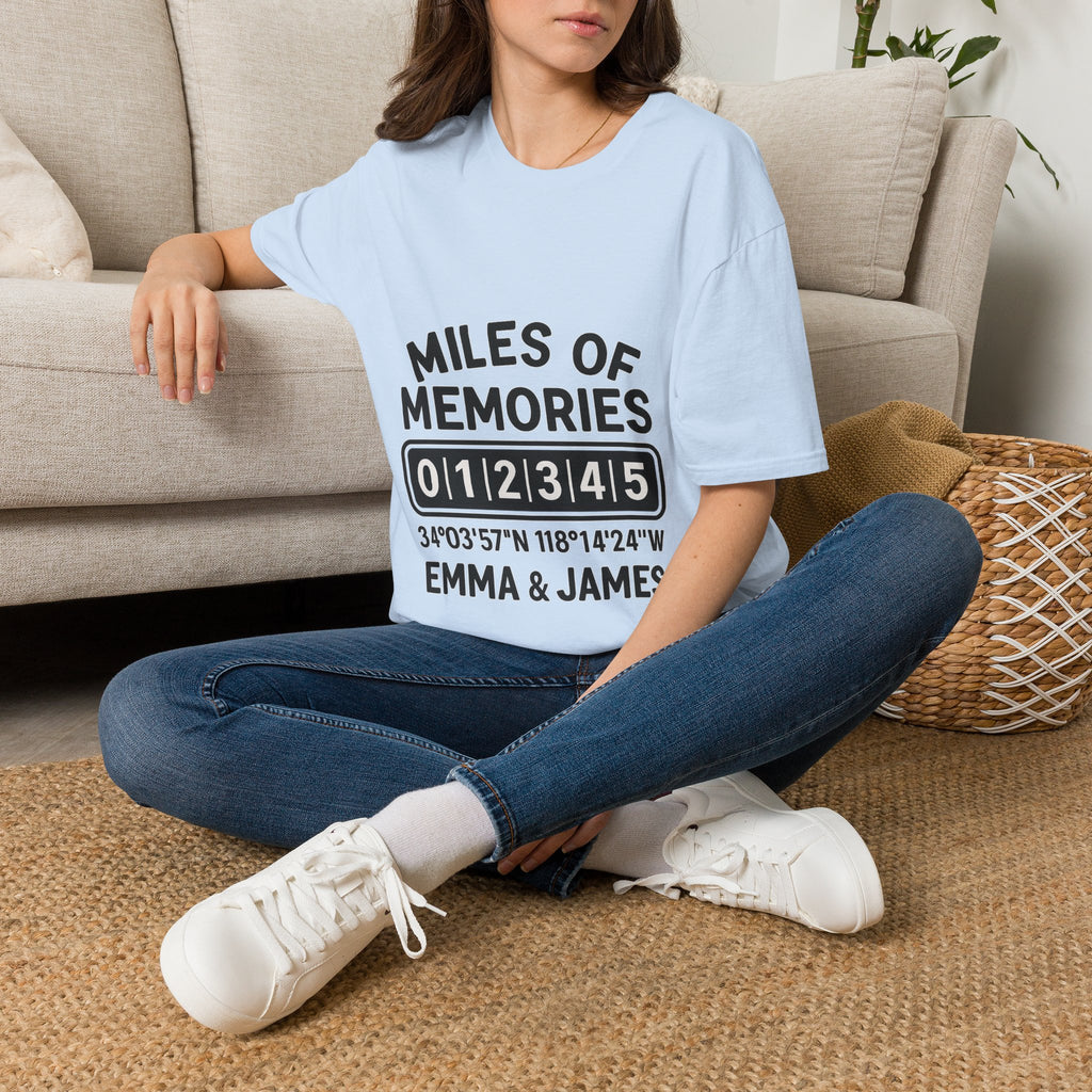 Personalized Anniversary Shirt for Couples | Miles of Memories Custom Odometer Tee | Romantic Travel Gift with Coordinates & Names