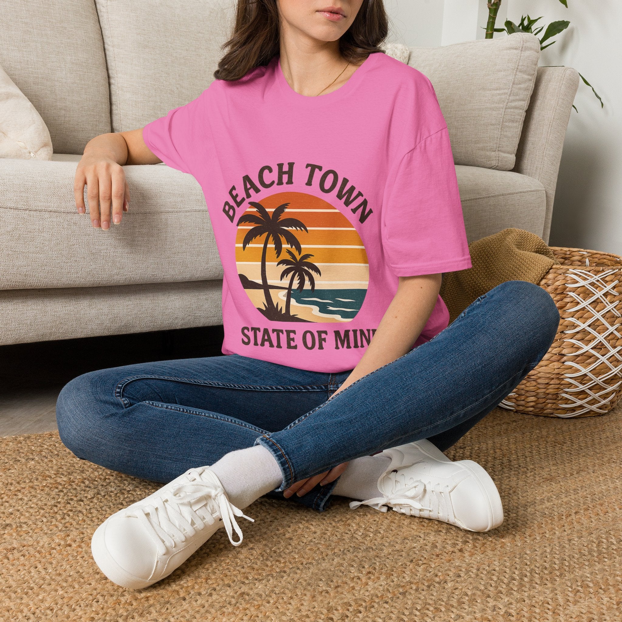 Beach Town State of Mind Shirt, Vintage Sunset Beach Tee, Coastal Living Gift, Palm Tree Vacation Shirt, Retro Beach Lover Gift