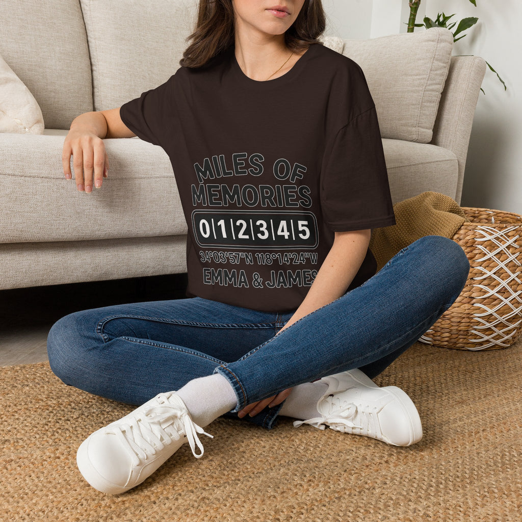 Personalized Anniversary Shirt for Couples | Miles of Memories Custom Odometer Tee | Romantic Travel Gift with Coordinates & Names