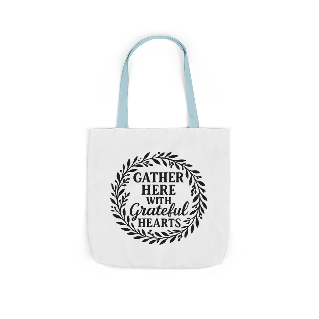 Gather Here With Grateful Hearts Tote Bag Farmhouse Kitchen Gift Rustic Botanical Wreath Housewarming Gift for Women Hostess