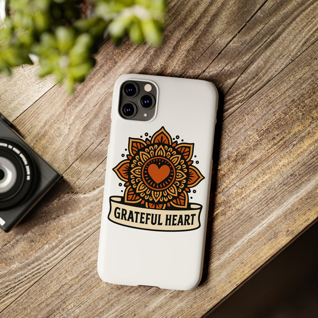 Grateful Heart Mandala Phone Case, Mindfulness Gift for Yoga Lover, Boho Gratitude Quote, Wellness Housewarming Gift Woman