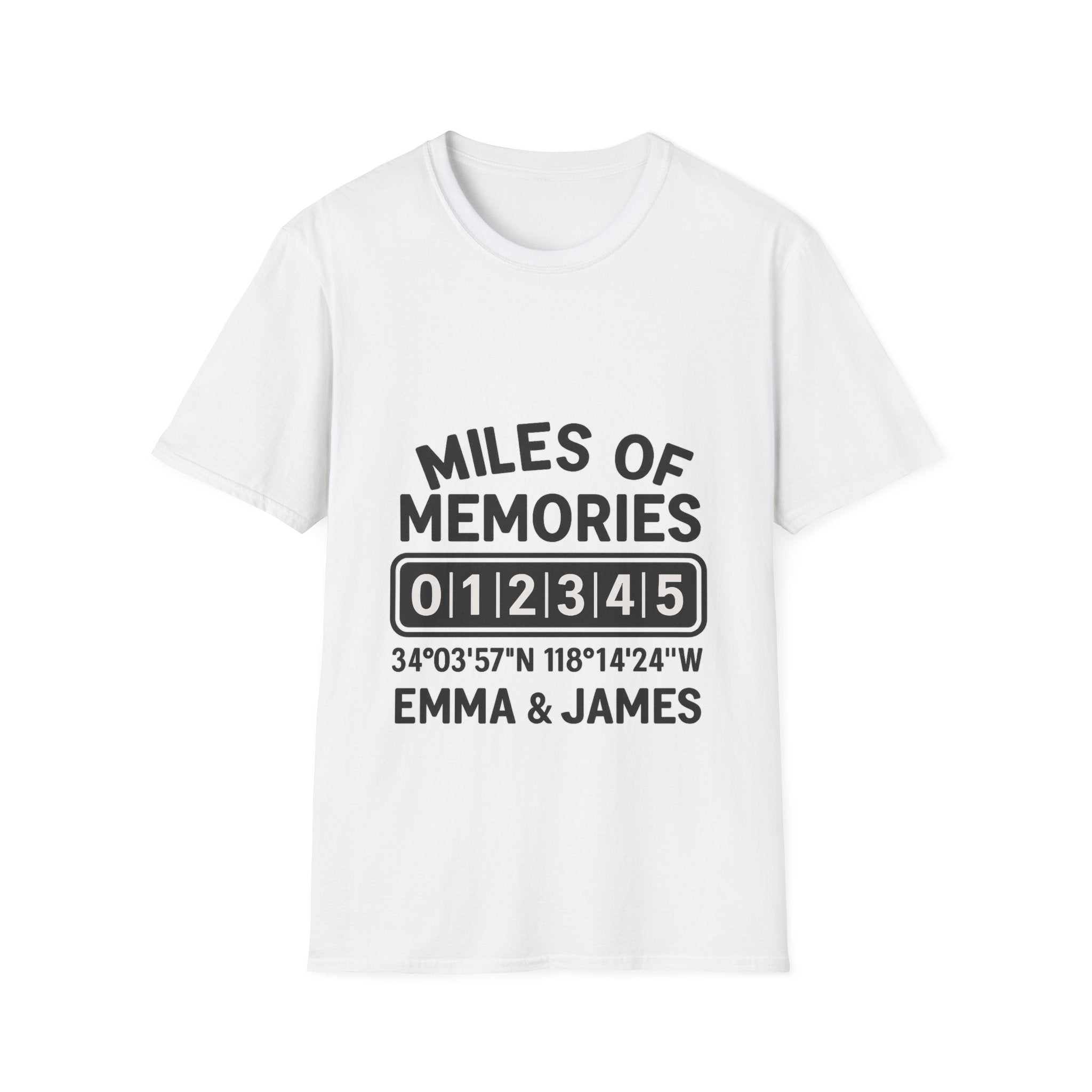 Personalized Anniversary Shirt for Couples | Miles of Memories Custom Odometer Tee | Romantic Travel Gift with Coordinates & Names