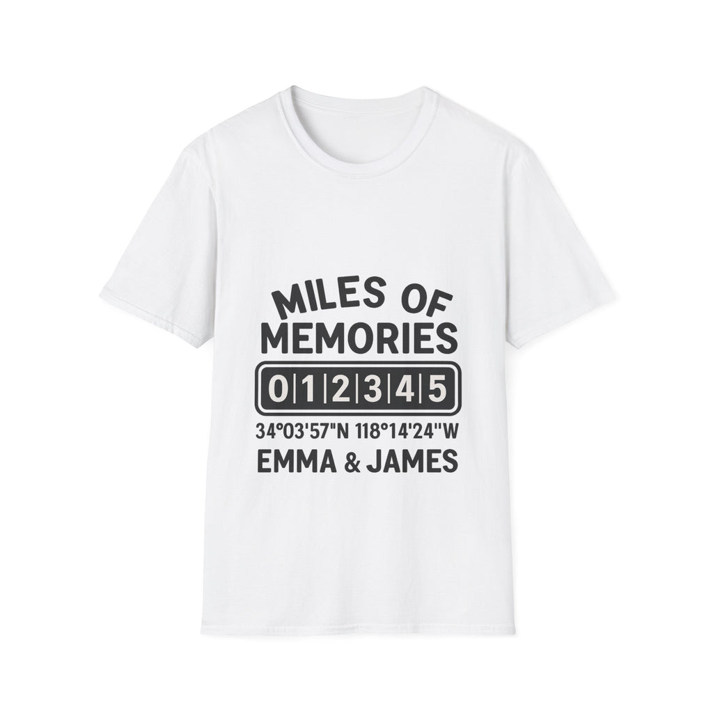 Personalized Anniversary Shirt for Couples | Miles of Memories Custom Odometer Tee | Romantic Travel Gift with Coordinates & Names