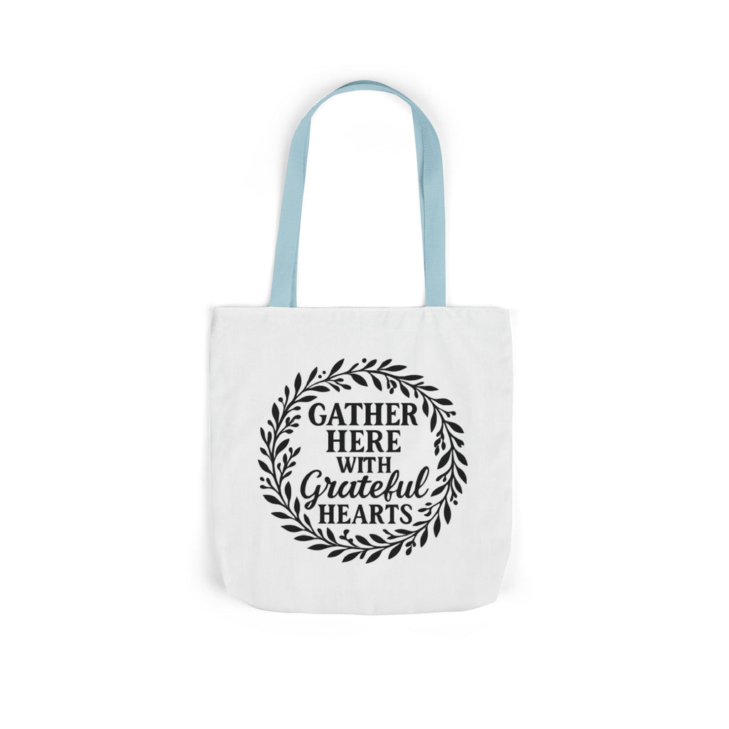 Gather Here With Grateful Hearts Tote Bag Farmhouse Kitchen Gift Rustic Botanical Wreath Housewarming Gift for Women Hostess
