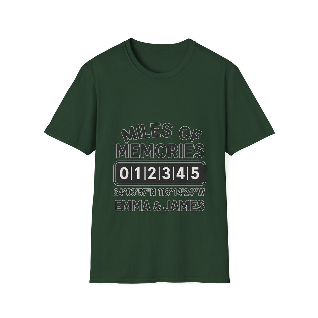 Personalized Anniversary Shirt for Couples | Miles of Memories Custom Odometer Tee | Romantic Travel Gift with Coordinates & Names