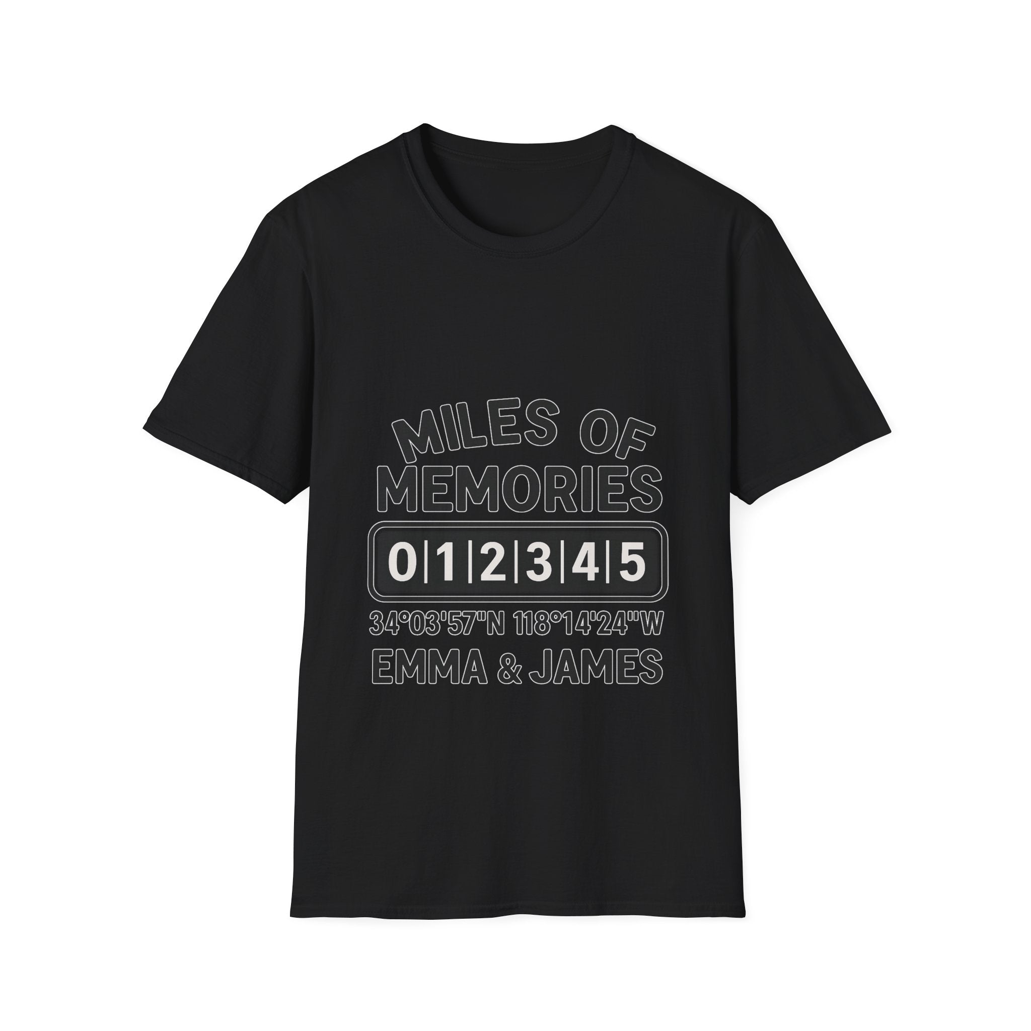 Personalized Anniversary Shirt for Couples | Miles of Memories Custom Odometer Tee | Romantic Travel Gift with Coordinates & Names