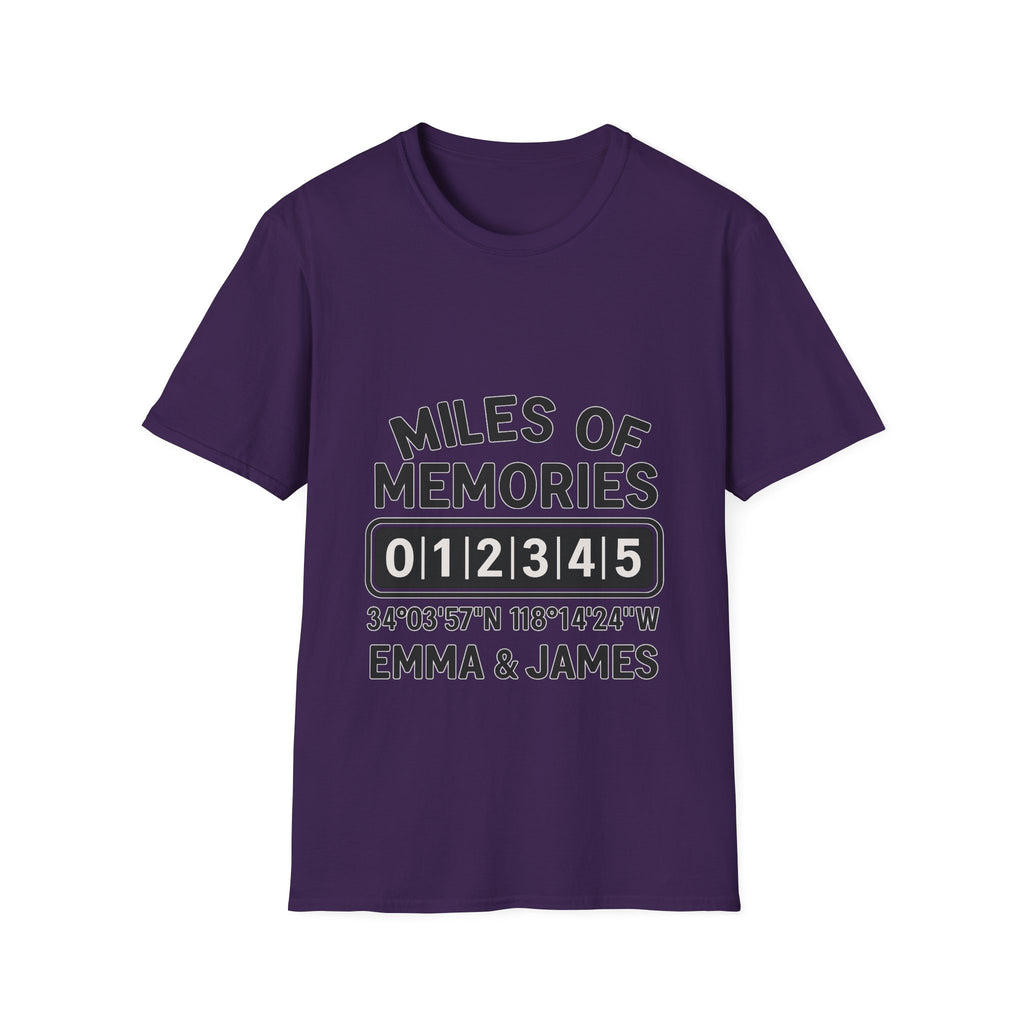 Personalized Anniversary Shirt for Couples | Miles of Memories Custom Odometer Tee | Romantic Travel Gift with Coordinates & Names