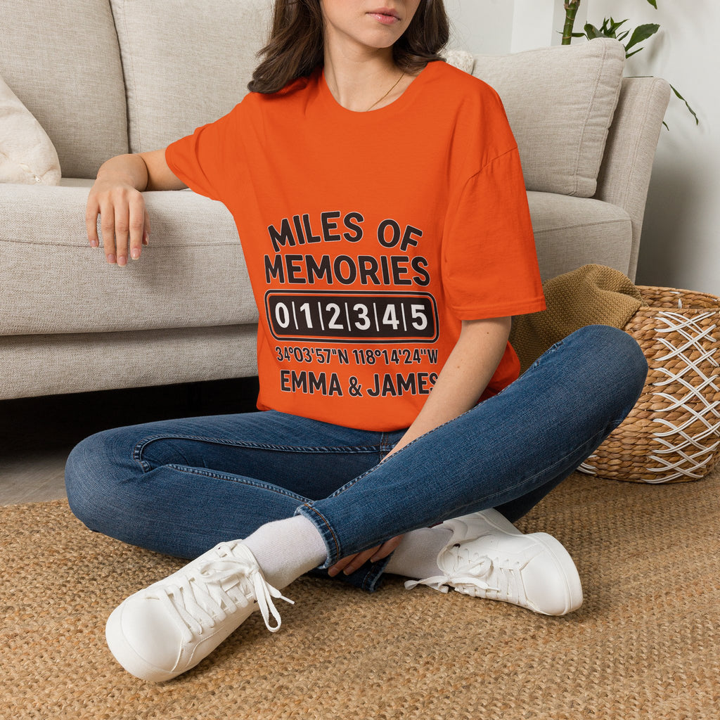 Personalized Anniversary Shirt for Couples | Miles of Memories Custom Odometer Tee | Romantic Travel Gift with Coordinates & Names