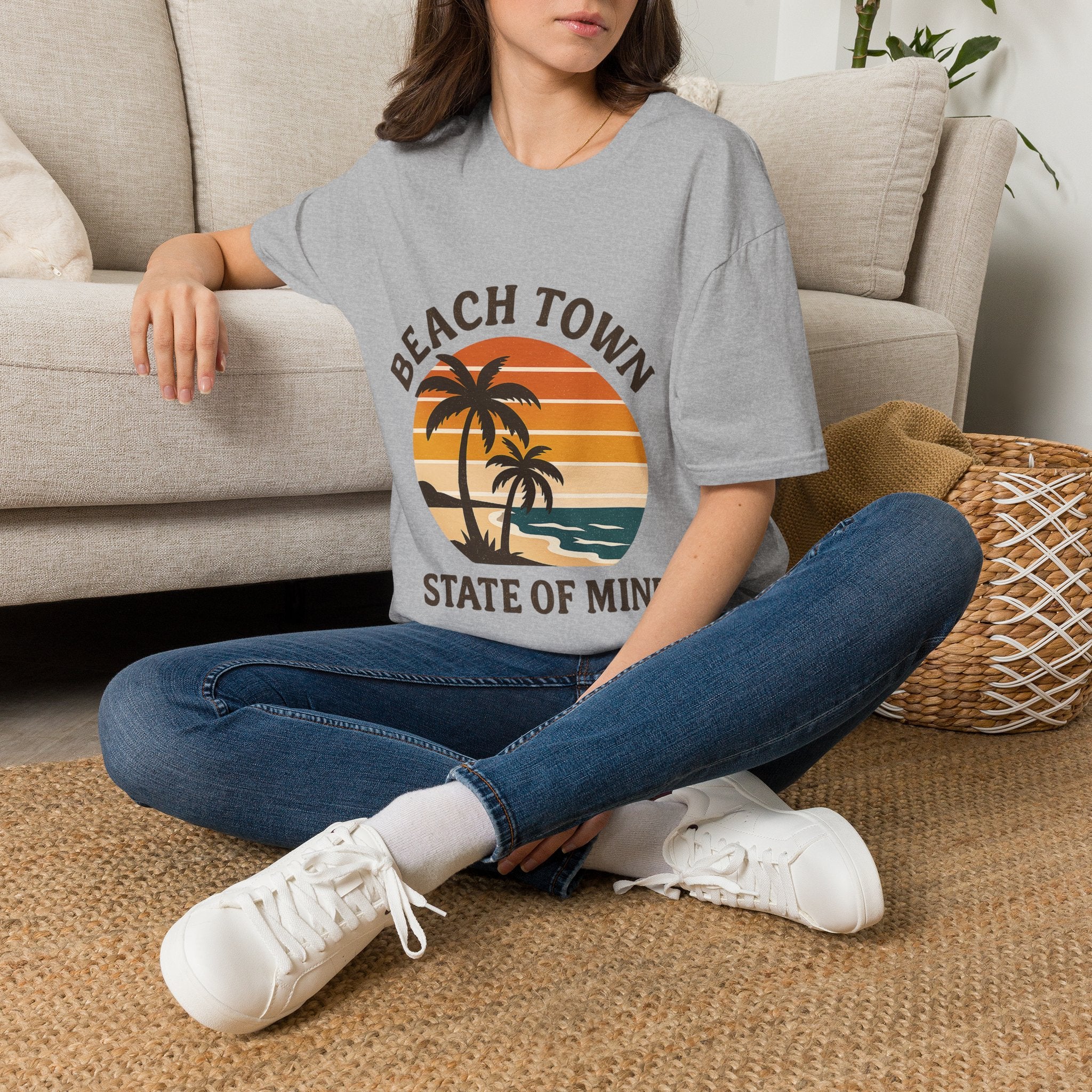 Beach Town State of Mind Shirt, Vintage Sunset Beach Tee, Coastal Living Gift, Palm Tree Vacation Shirt, Retro Beach Lover Gift
