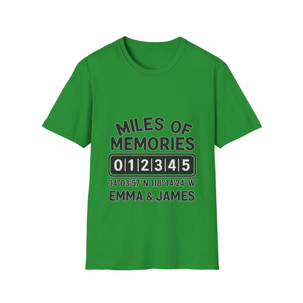 Personalized Anniversary Shirt for Couples | Miles of Memories Custom Odometer Tee | Romantic Travel Gift with Coordinates & Names