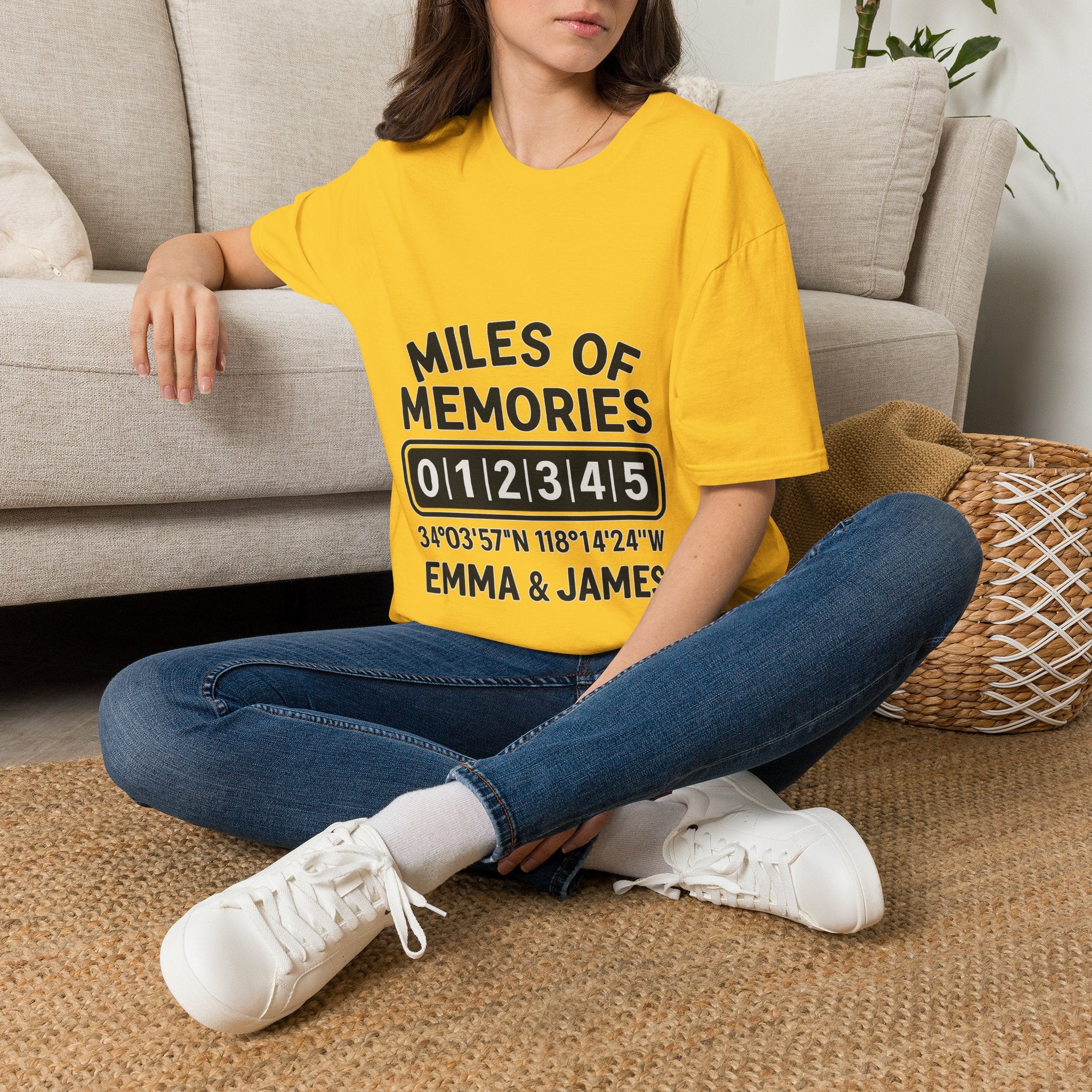 Personalized Anniversary Shirt for Couples | Miles of Memories Custom Odometer Tee | Romantic Travel Gift with Coordinates & Names
