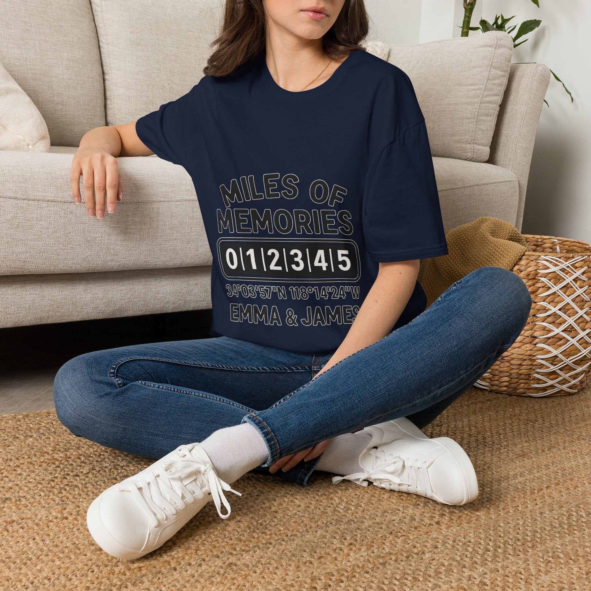 Personalized Anniversary Shirt for Couples | Miles of Memories Custom Odometer Tee | Romantic Travel Gift with Coordinates & Names