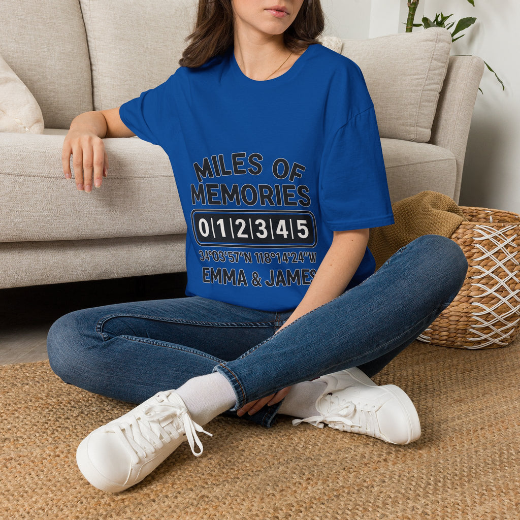 Personalized Anniversary Shirt for Couples | Miles of Memories Custom Odometer Tee | Romantic Travel Gift with Coordinates & Names