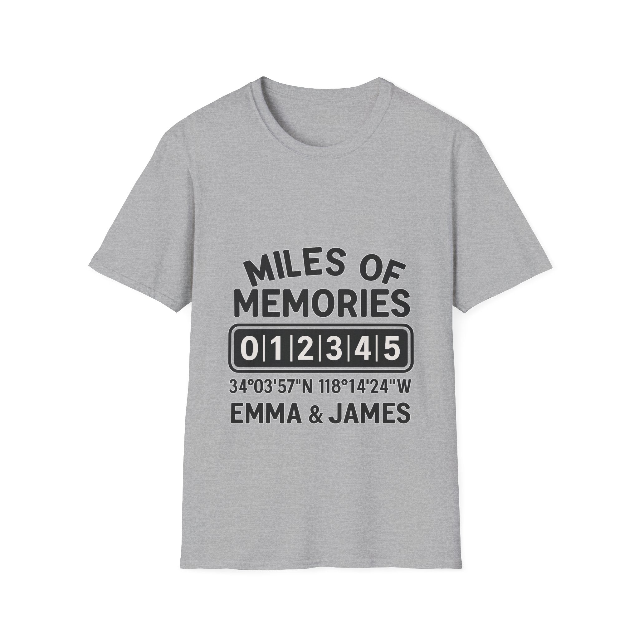 Personalized Anniversary Shirt for Couples | Miles of Memories Custom Odometer Tee | Romantic Travel Gift with Coordinates & Names