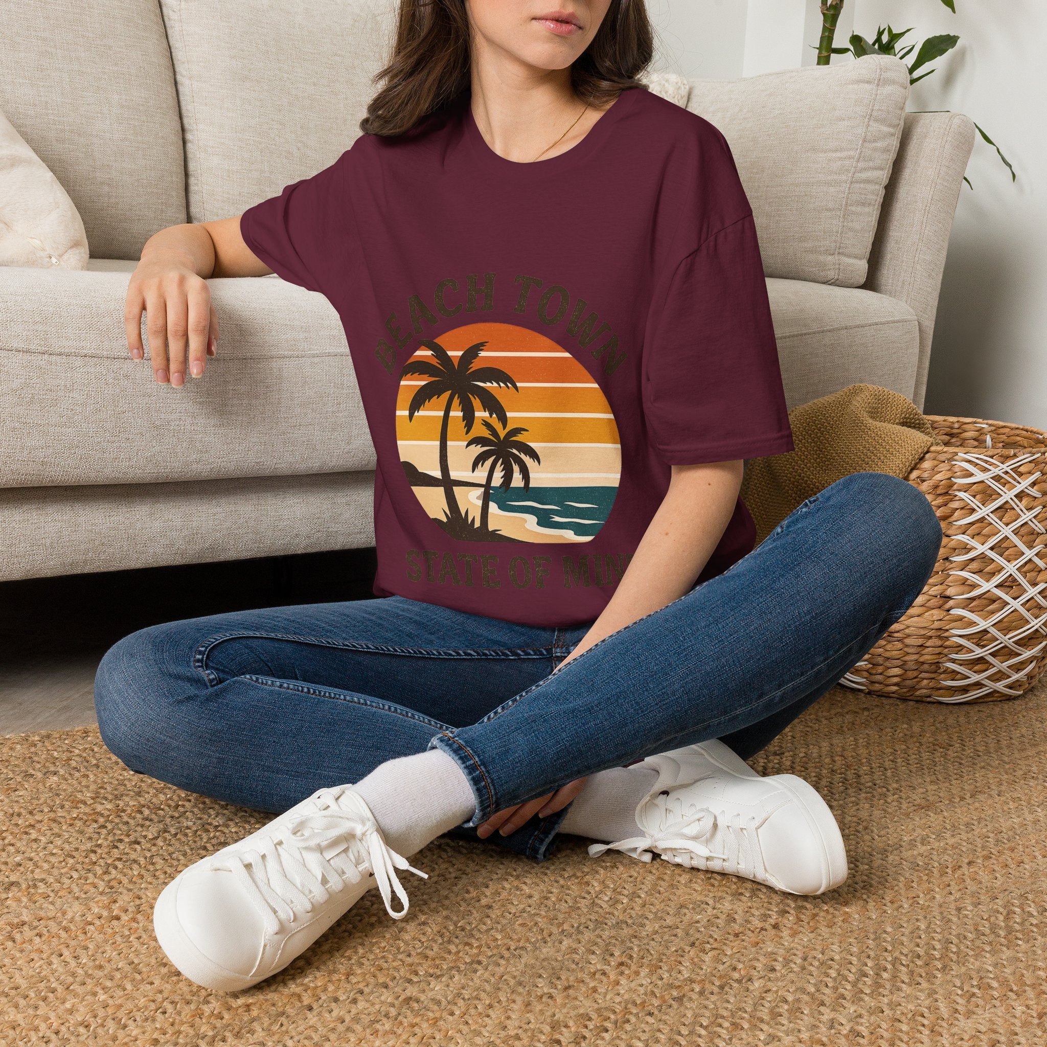 Beach Town State of Mind Shirt, Vintage Sunset Beach Tee, Coastal Living Gift, Palm Tree Vacation Shirt, Retro Beach Lover Gift