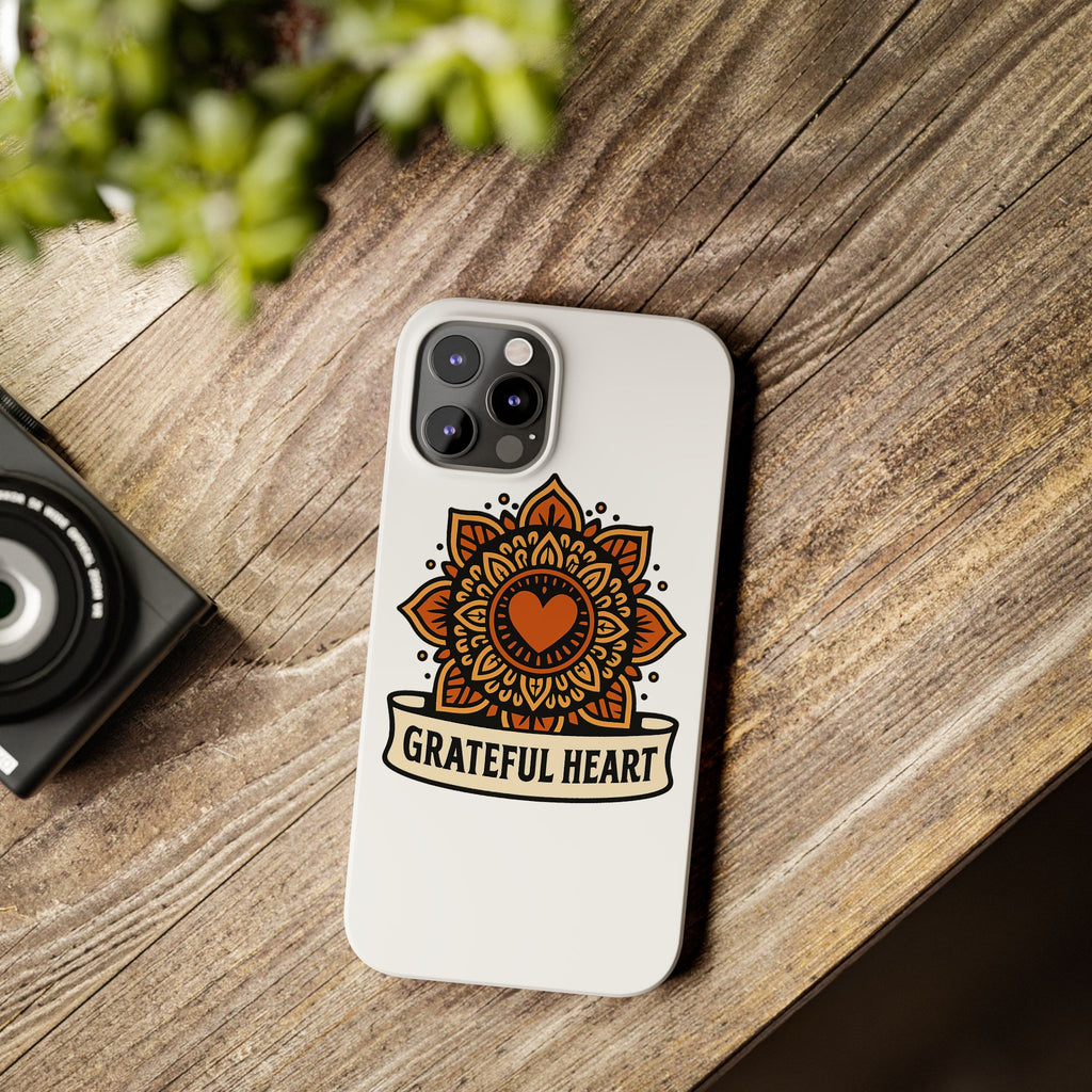 Grateful Heart Mandala Phone Case, Mindfulness Gift for Yoga Lover, Boho Gratitude Quote, Wellness Housewarming Gift Woman