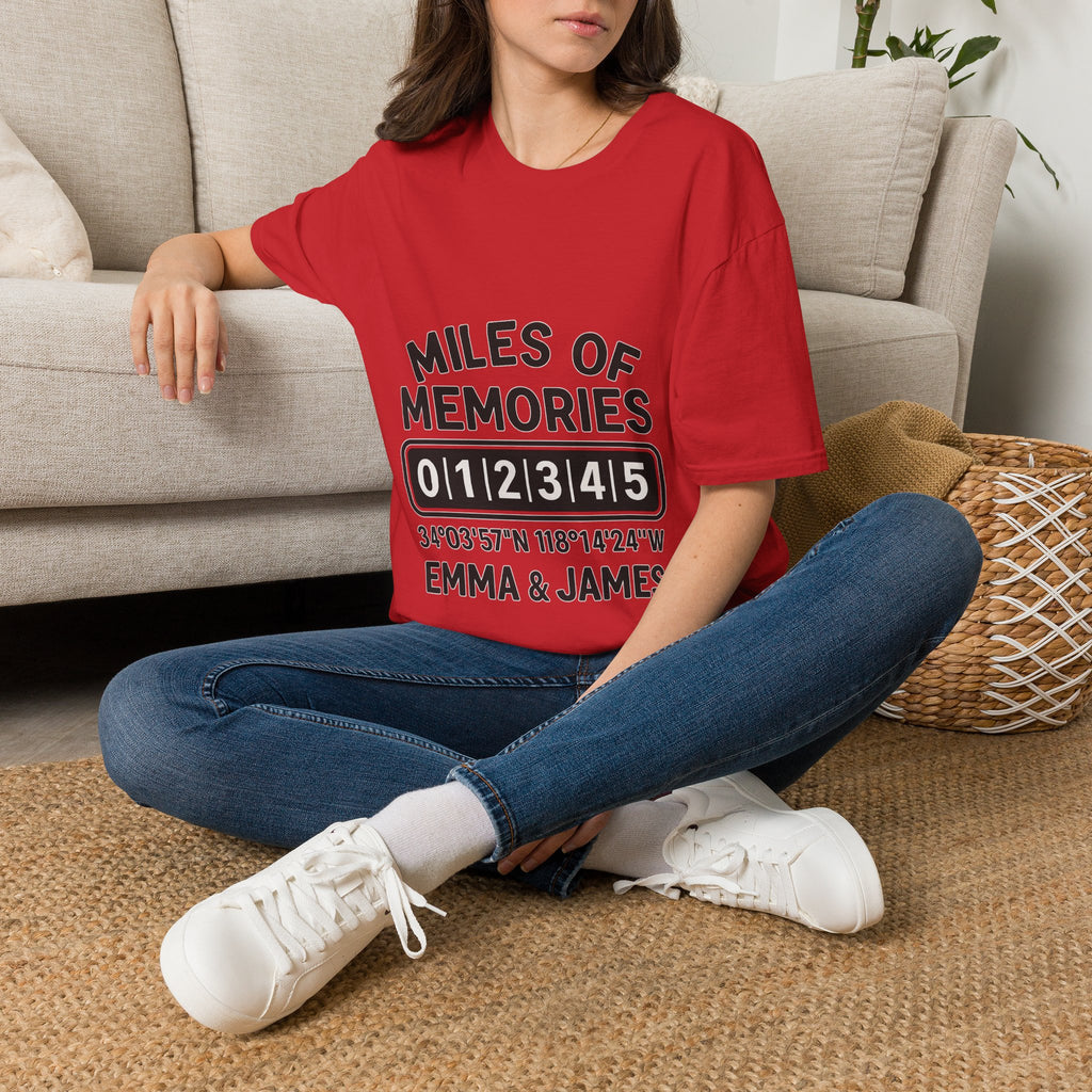Personalized Anniversary Shirt for Couples | Miles of Memories Custom Odometer Tee | Romantic Travel Gift with Coordinates & Names