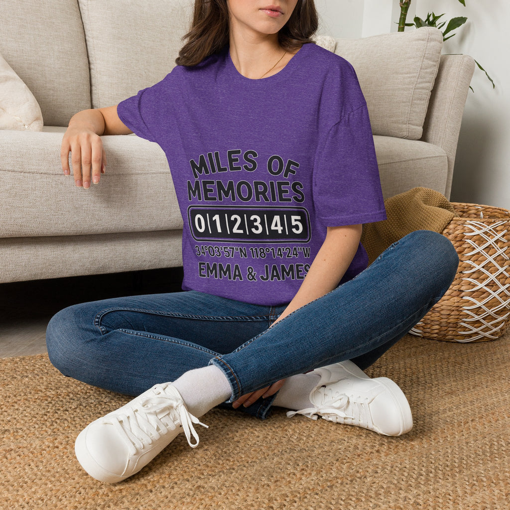 Personalized Anniversary Shirt for Couples | Miles of Memories Custom Odometer Tee | Romantic Travel Gift with Coordinates & Names