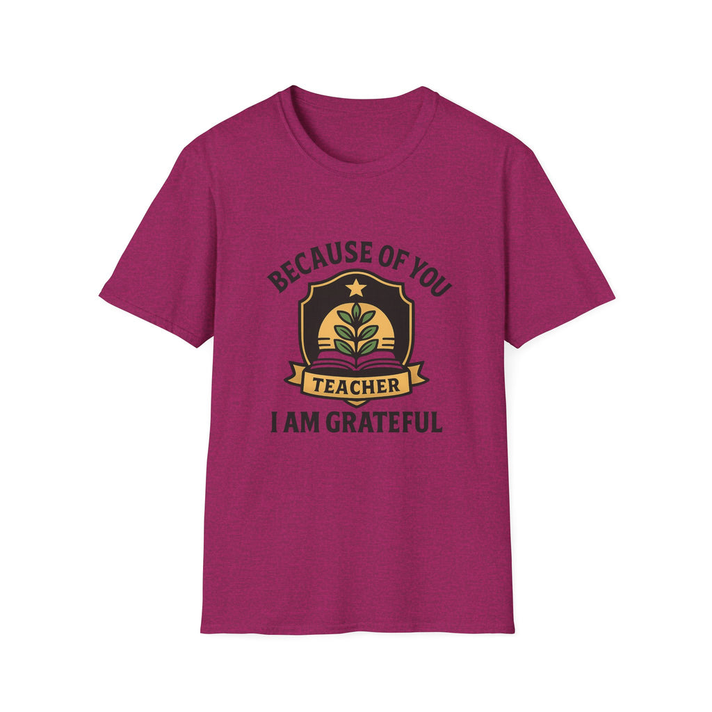 Teacher Appreciation Shirt, Because of You I Am Grateful T-Shirt, Teacher Gift, Thank You Teacher Tee, End of Year Gift