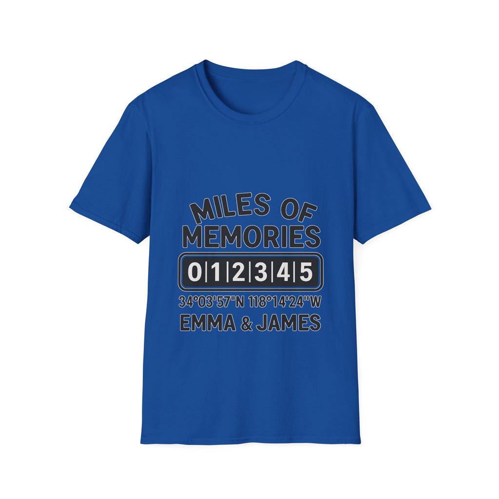 Personalized Anniversary Shirt for Couples | Miles of Memories Custom Odometer Tee | Romantic Travel Gift with Coordinates & Names
