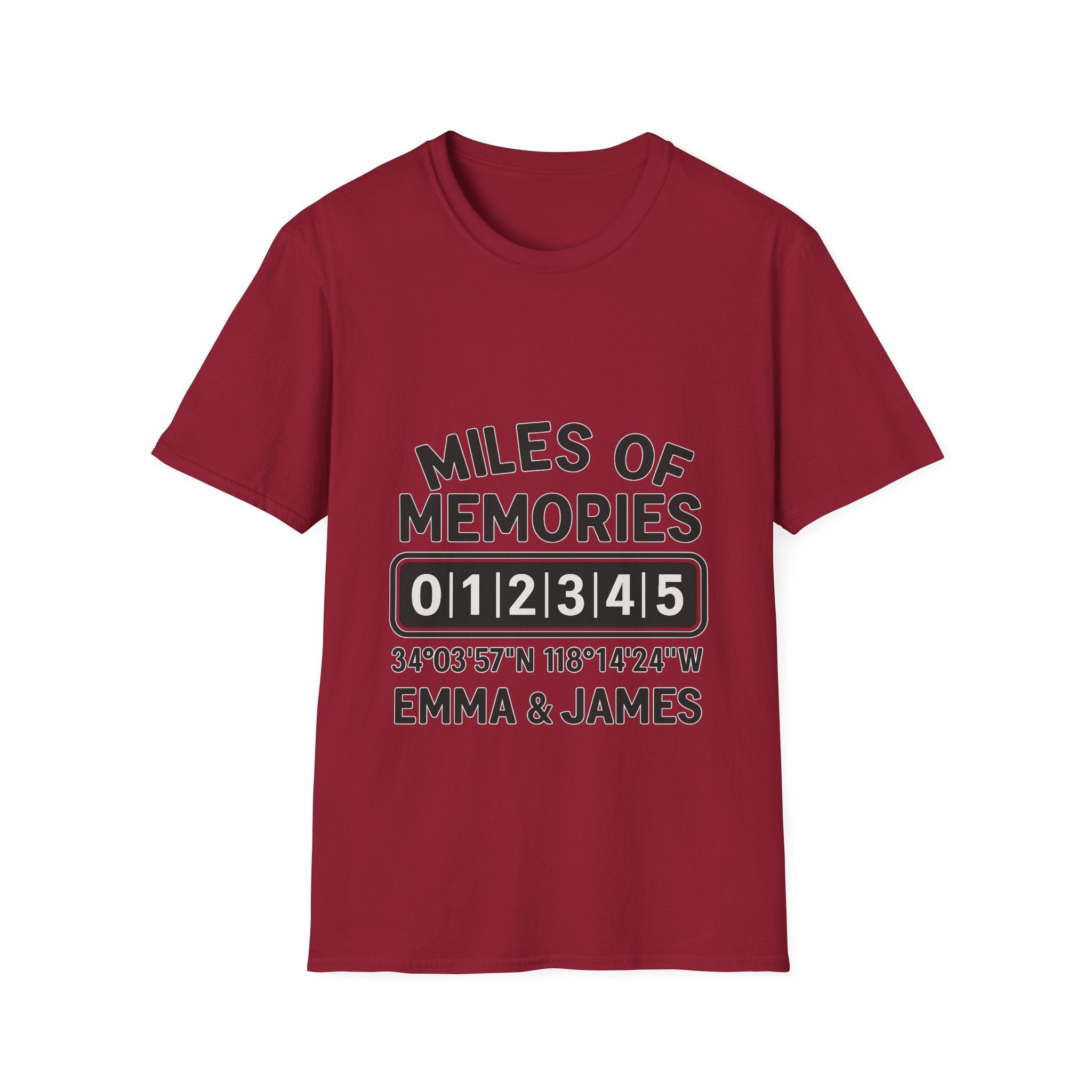 Personalized Anniversary Shirt for Couples | Miles of Memories Custom Odometer Tee | Romantic Travel Gift with Coordinates & Names