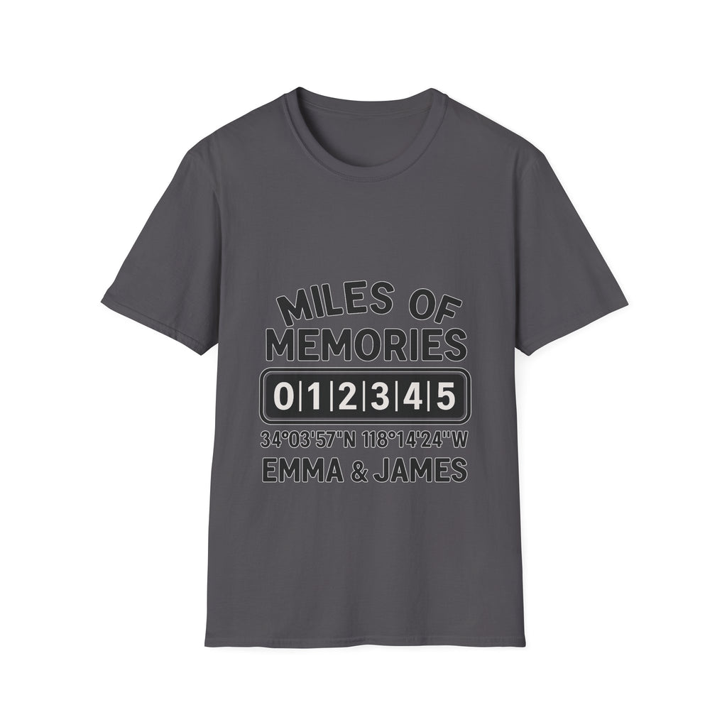 Personalized Anniversary Shirt for Couples | Miles of Memories Custom Odometer Tee | Romantic Travel Gift with Coordinates & Names