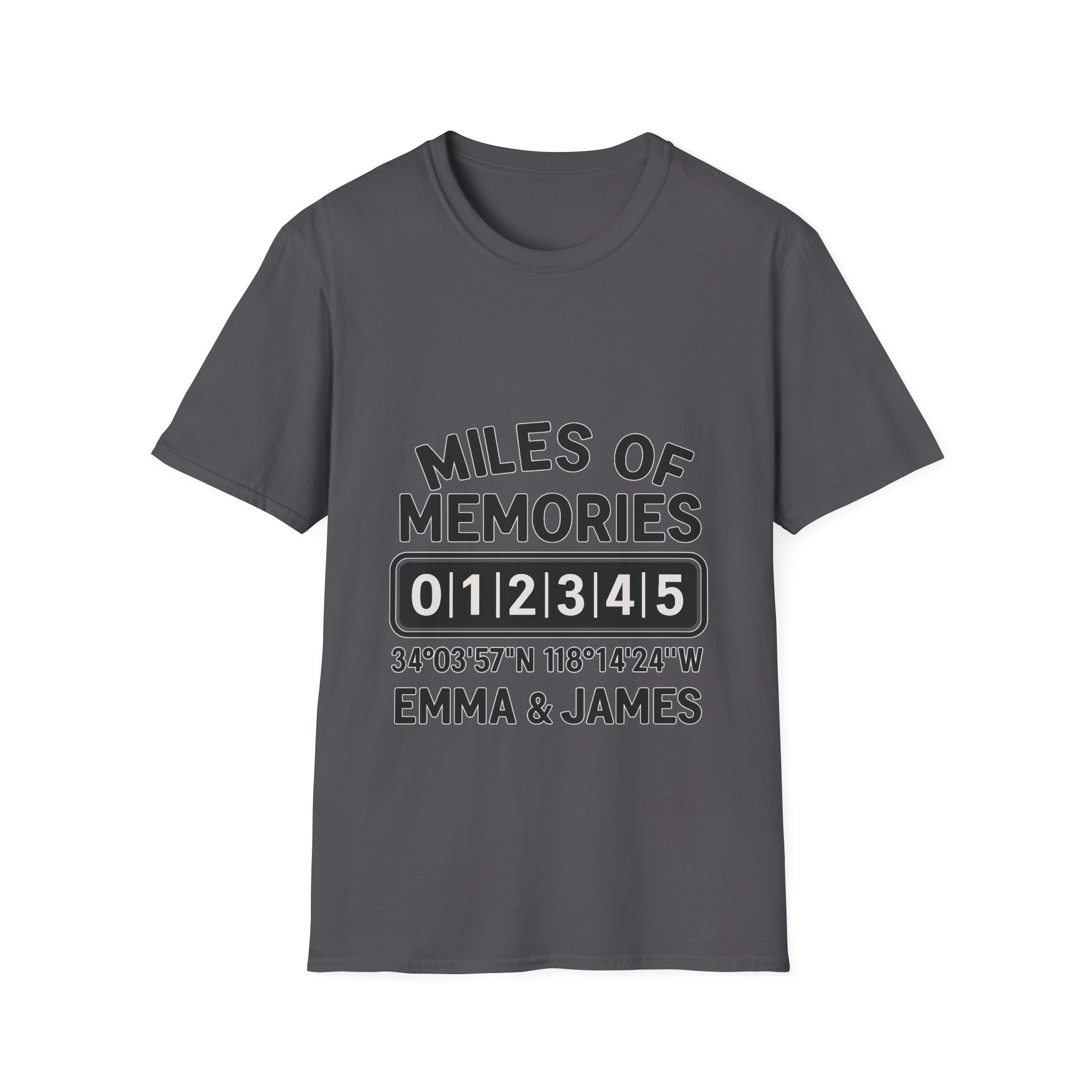 Personalized Anniversary Shirt for Couples | Miles of Memories Custom Odometer Tee | Romantic Travel Gift with Coordinates & Names