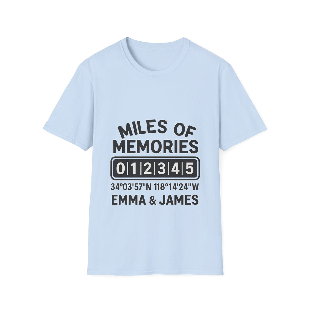 Personalized Anniversary Shirt for Couples | Miles of Memories Custom Odometer Tee | Romantic Travel Gift with Coordinates & Names