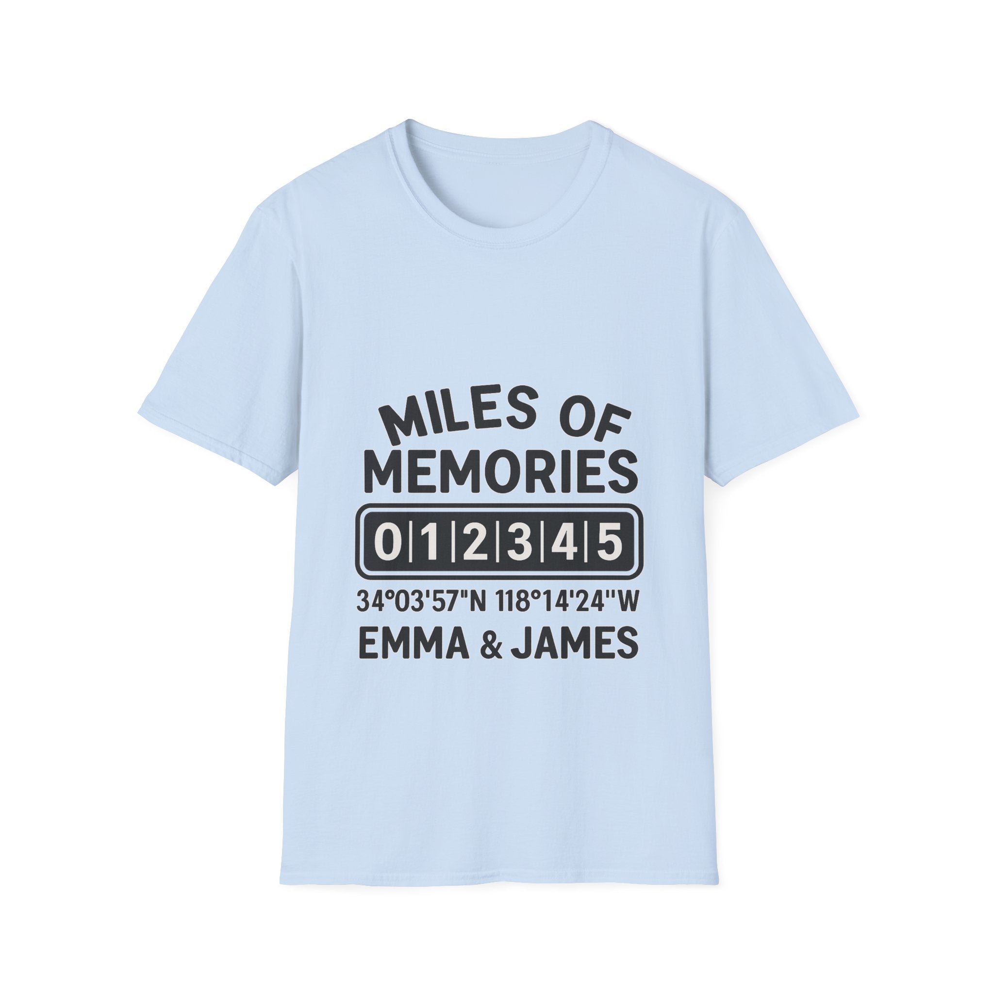 Personalized Anniversary Shirt for Couples | Miles of Memories Custom Odometer Tee | Romantic Travel Gift with Coordinates & Names