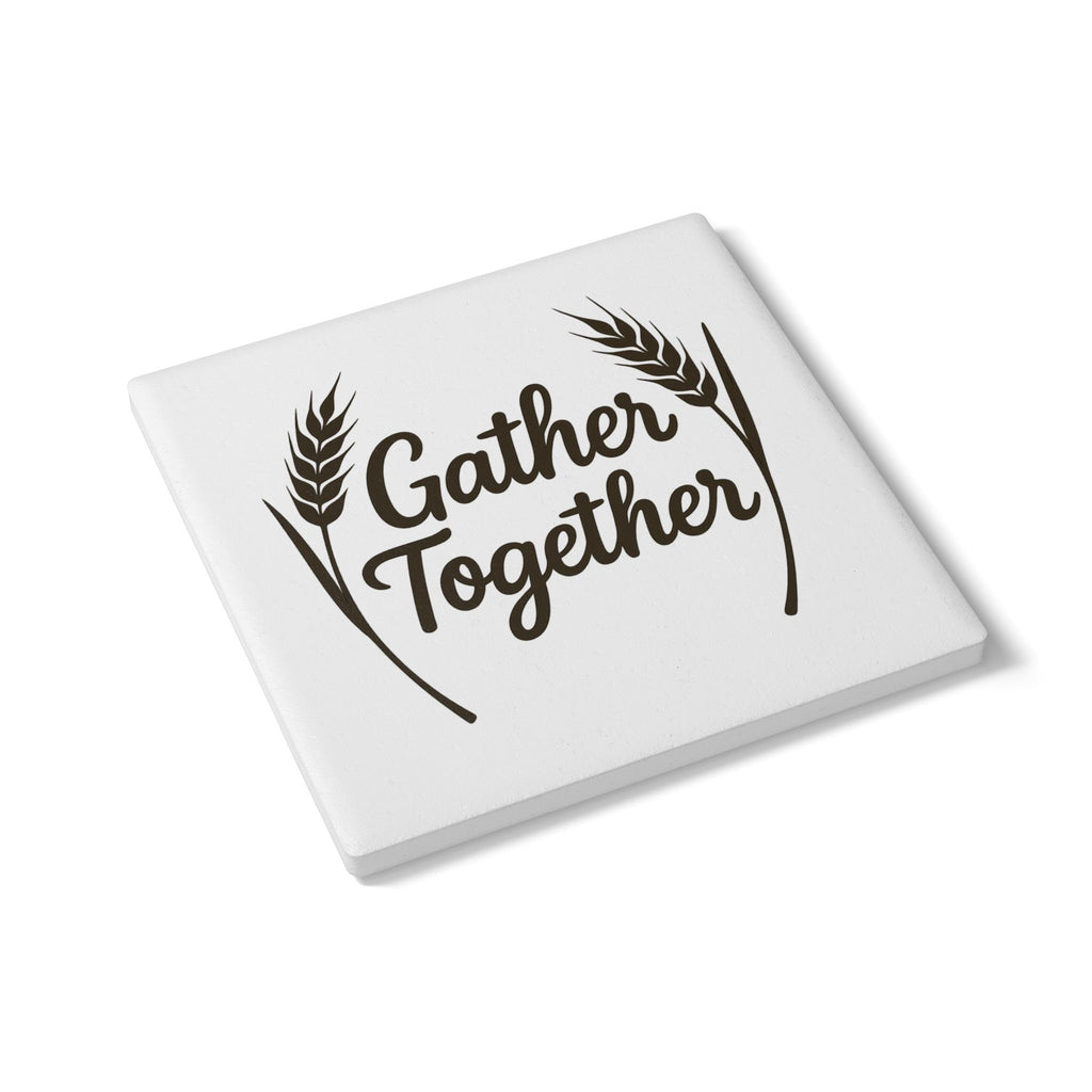 Gather Together Farmhouse Coaster Set | Rustic Cork Coasters | Housewarming Gift | Family Kitchen Decor | Wheat Script Design