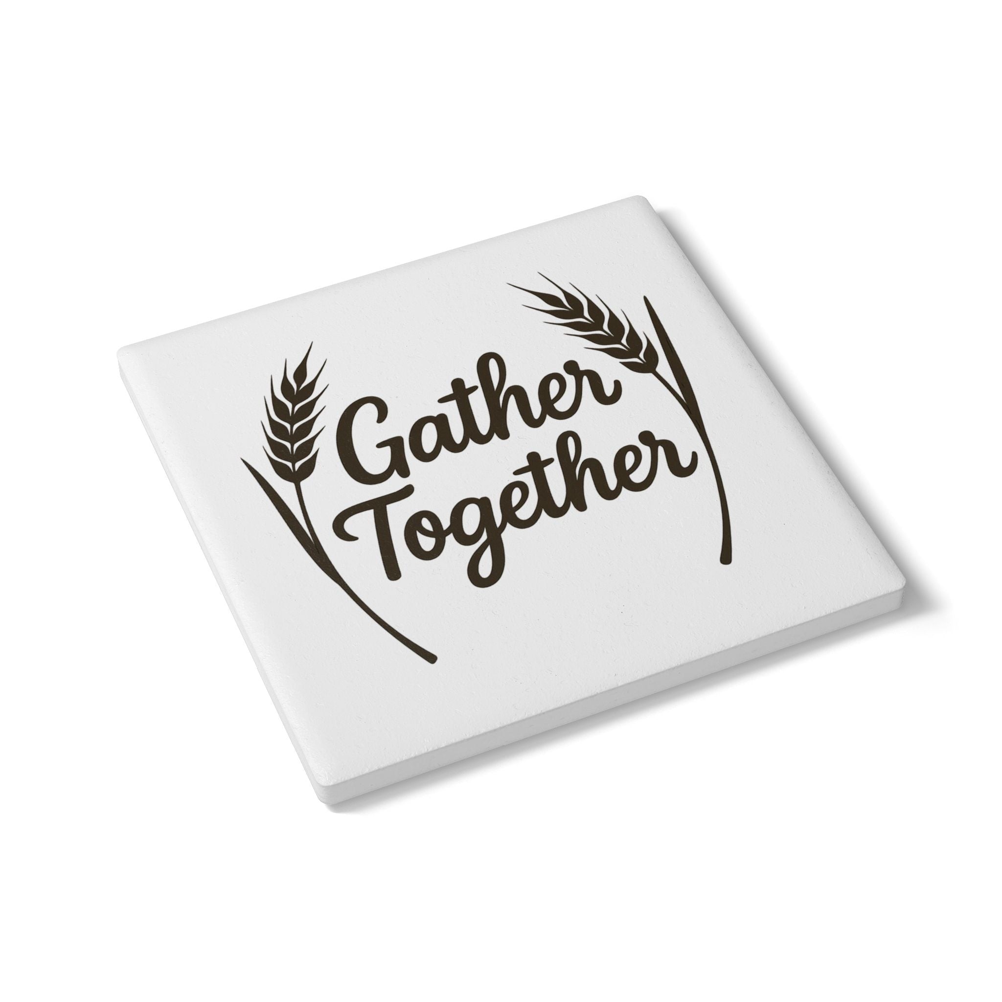 Gather Together Farmhouse Coaster Set | Rustic Cork Coasters | Housewarming Gift | Family Kitchen Decor | Wheat Script Design