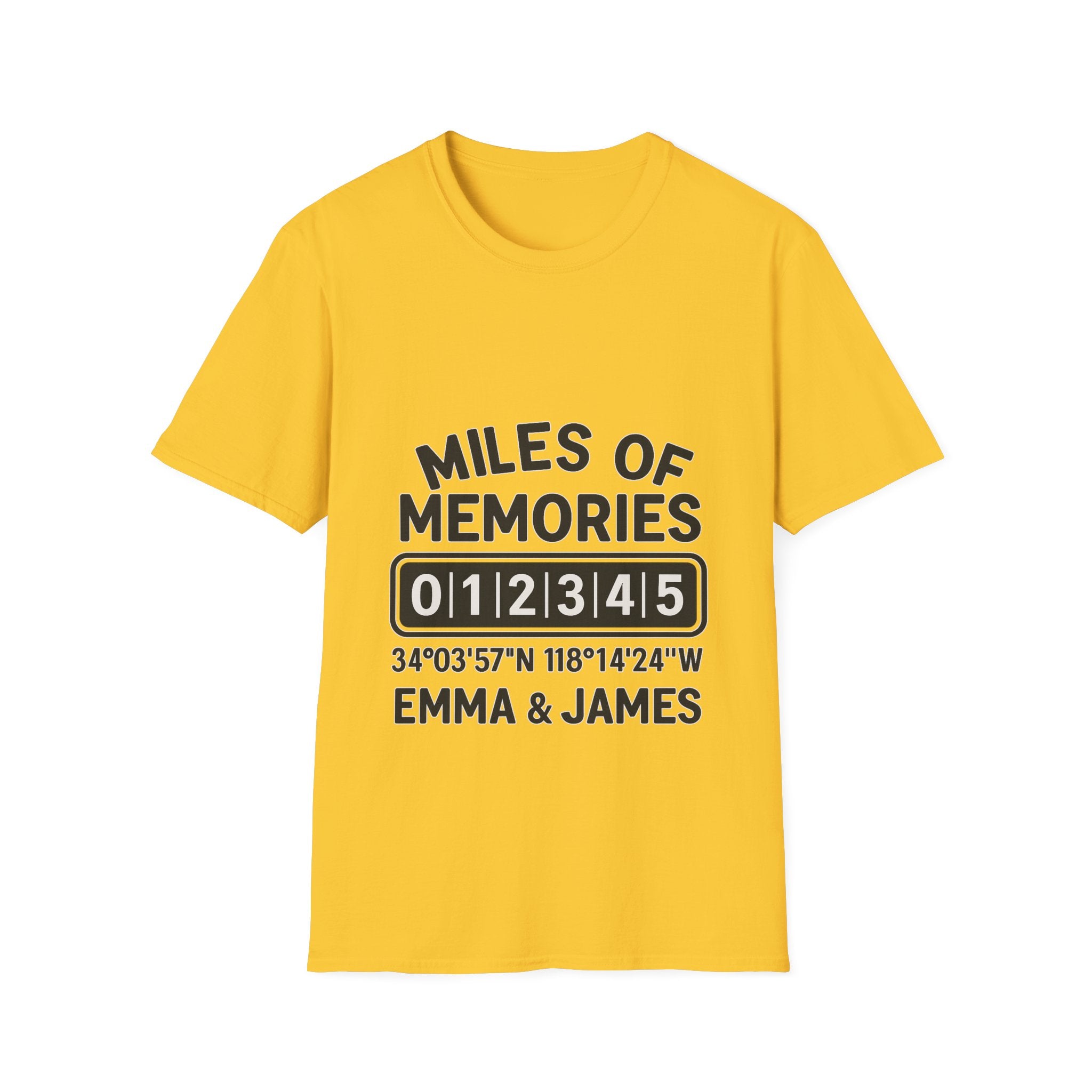 Personalized Anniversary Shirt for Couples | Miles of Memories Custom Odometer Tee | Romantic Travel Gift with Coordinates & Names
