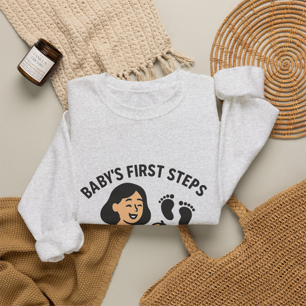 Baby's First Steps Sweatshirt, New Mom Gift, First Walking Milestone, Baby Footprint Shirt, Proud Mom Sweatshirt, Toddler Milestone