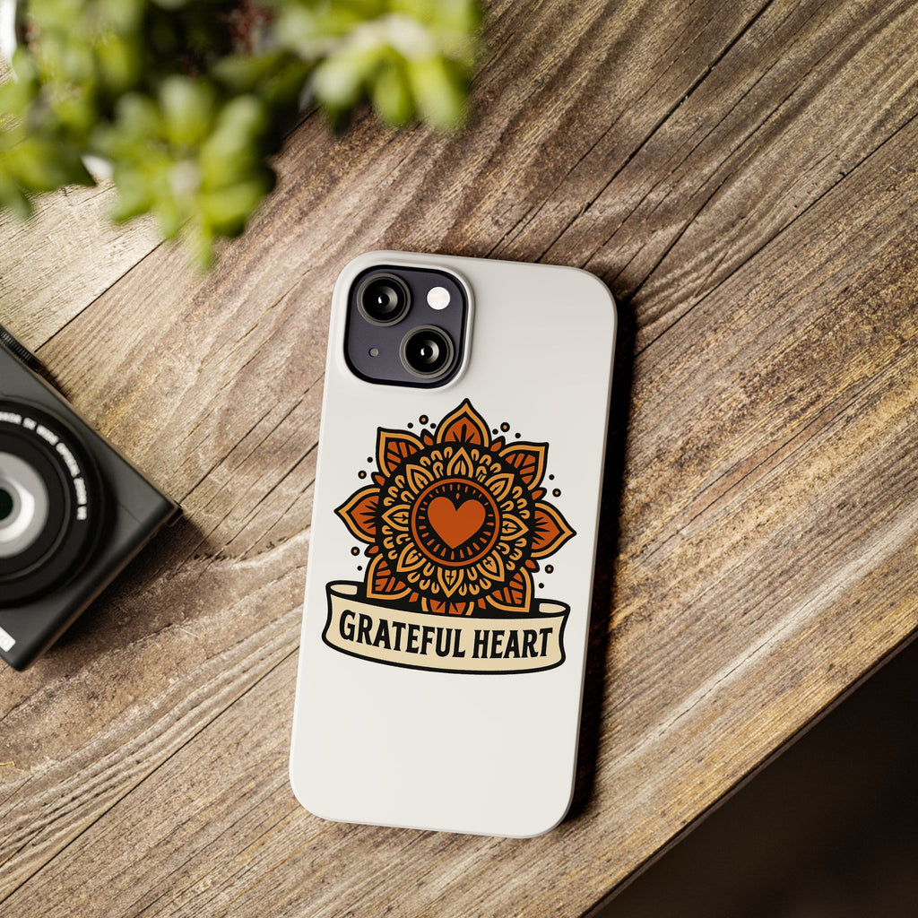 Grateful Heart Mandala Phone Case, Mindfulness Gift for Yoga Lover, Boho Gratitude Quote, Wellness Housewarming Gift Woman