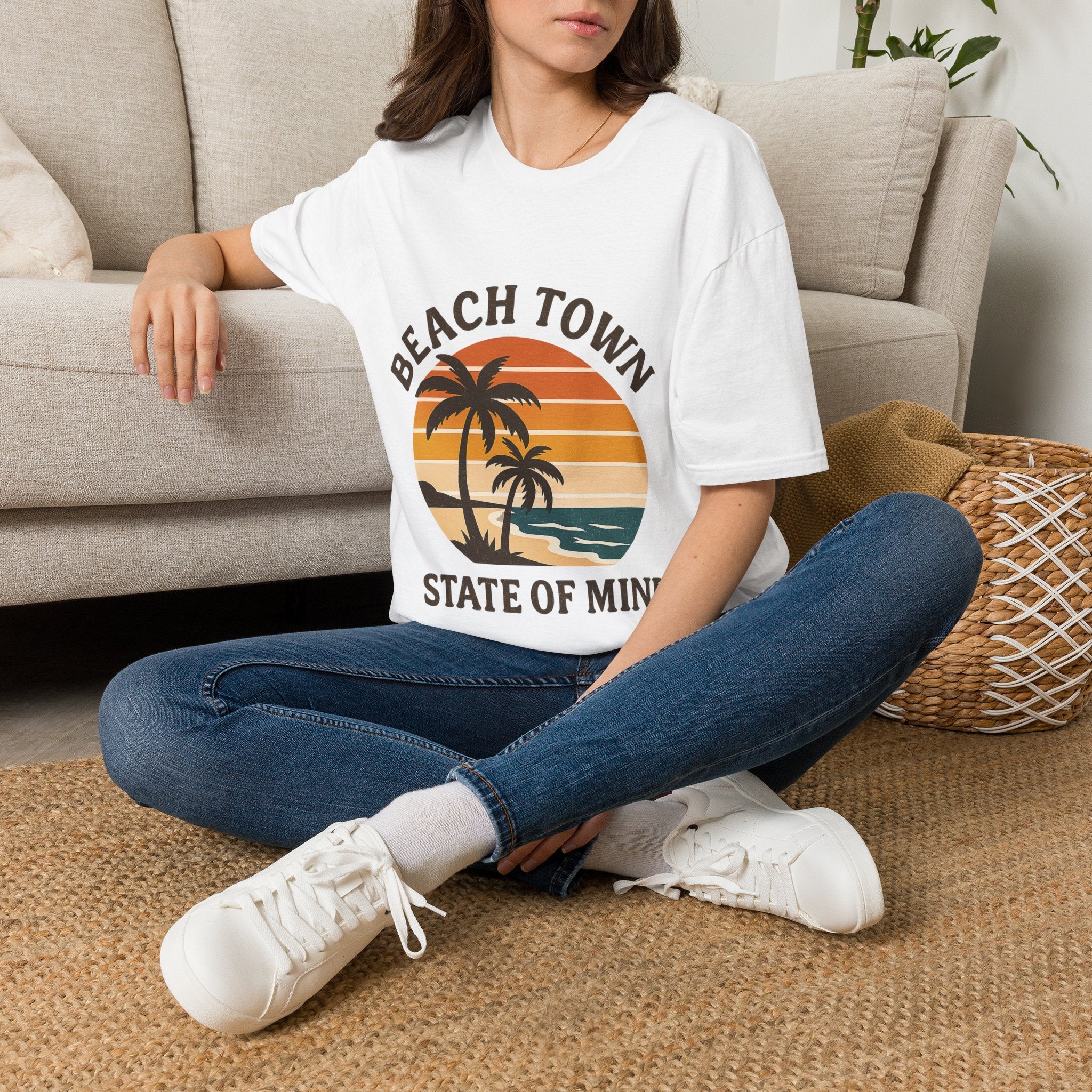 Beach Town State of Mind Shirt, Vintage Sunset Beach Tee, Coastal Living Gift, Palm Tree Vacation Shirt, Retro Beach Lover Gift