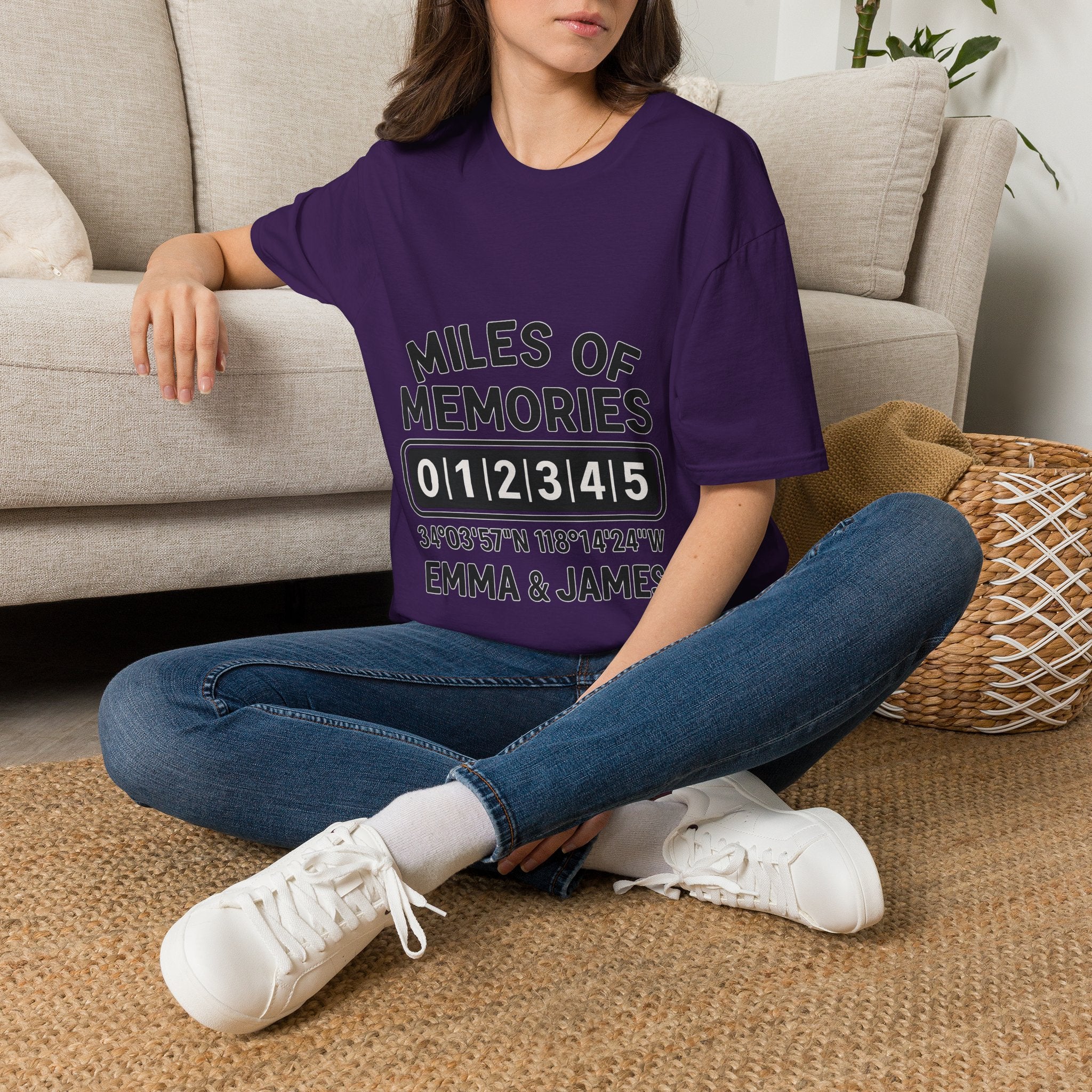 Personalized Anniversary Shirt for Couples | Miles of Memories Custom Odometer Tee | Romantic Travel Gift with Coordinates & Names