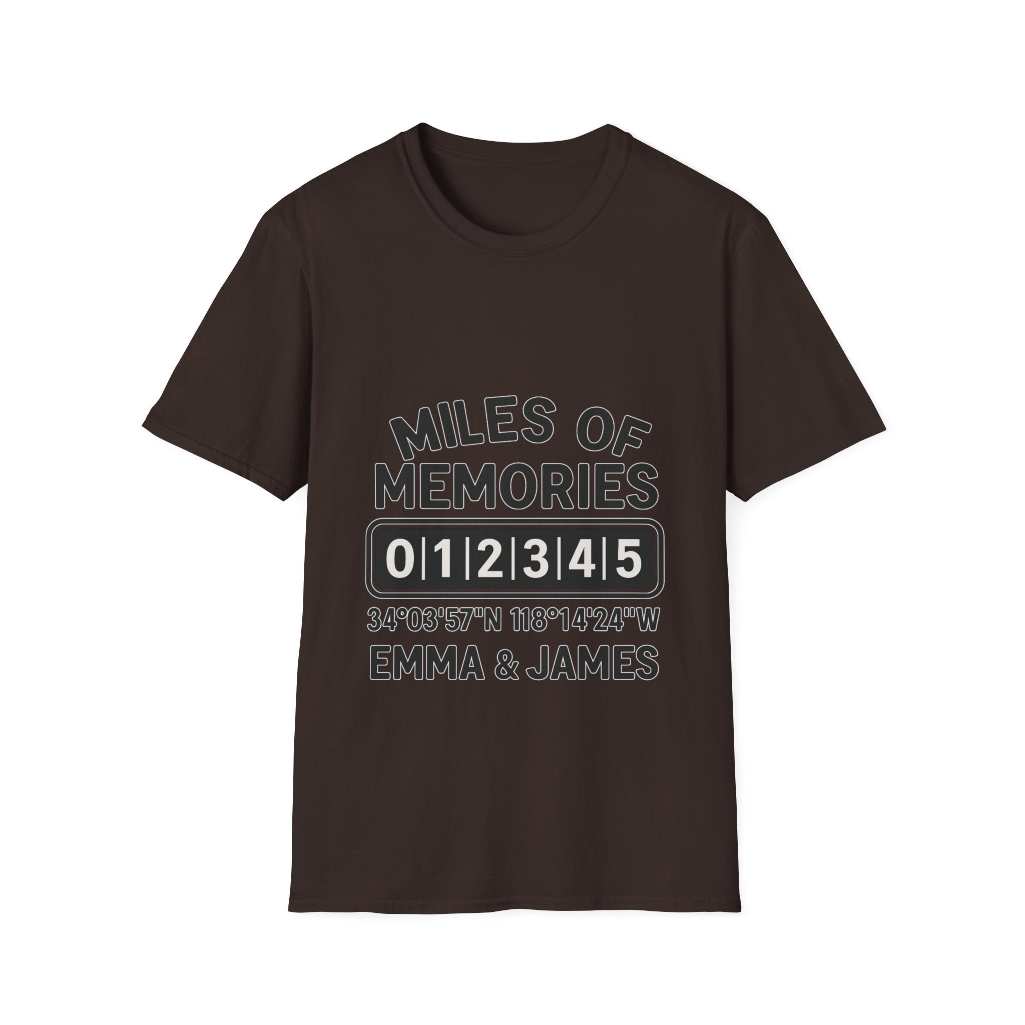 Personalized Anniversary Shirt for Couples | Miles of Memories Custom Odometer Tee | Romantic Travel Gift with Coordinates & Names