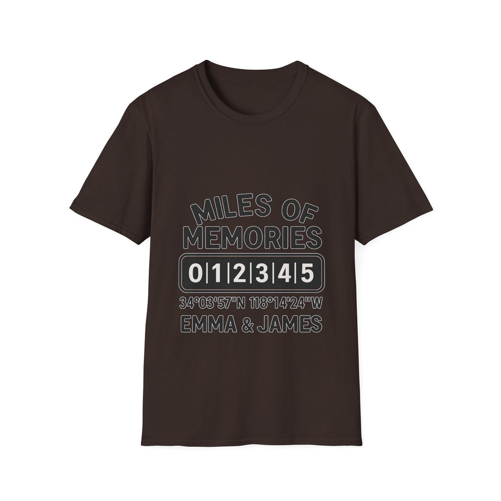 Personalized Anniversary Shirt for Couples | Miles of Memories Custom Odometer Tee | Romantic Travel Gift with Coordinates & Names