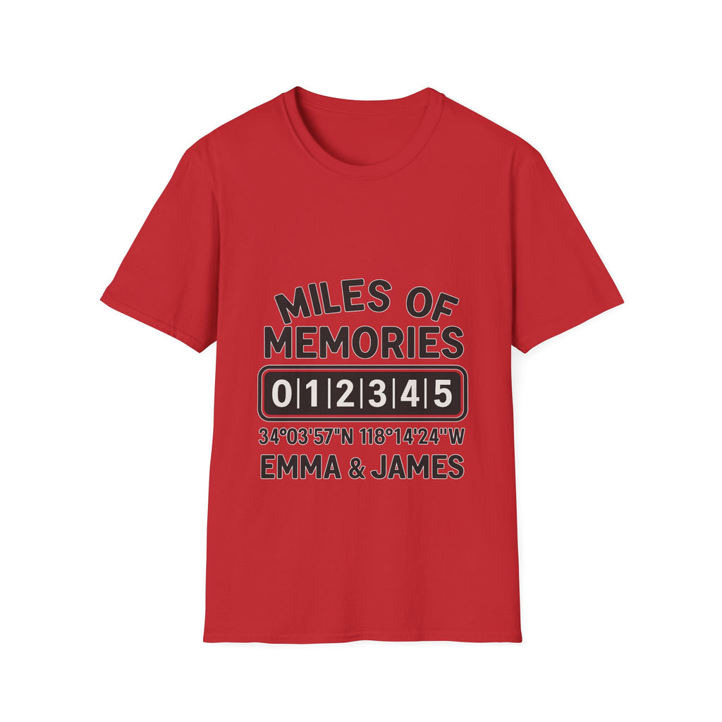 Personalized Anniversary Shirt for Couples | Miles of Memories Custom Odometer Tee | Romantic Travel Gift with Coordinates & Names
