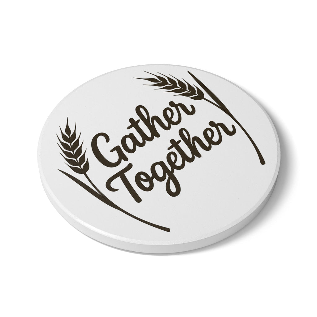 Gather Together Farmhouse Coaster Set | Rustic Cork Coasters | Housewarming Gift | Family Kitchen Decor | Wheat Script Design