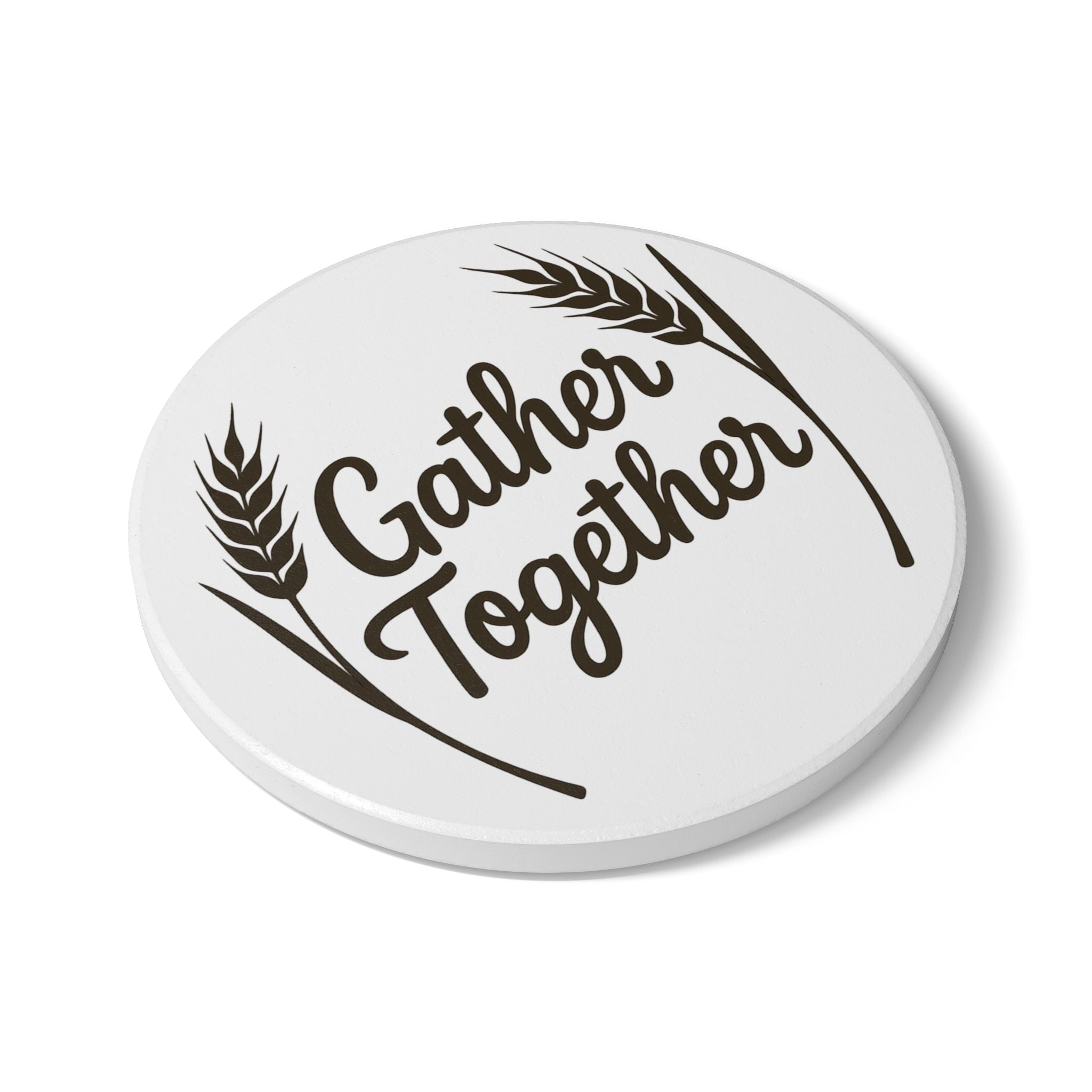 Gather Together Farmhouse Coaster Set | Rustic Cork Coasters | Housewarming Gift | Family Kitchen Decor | Wheat Script Design