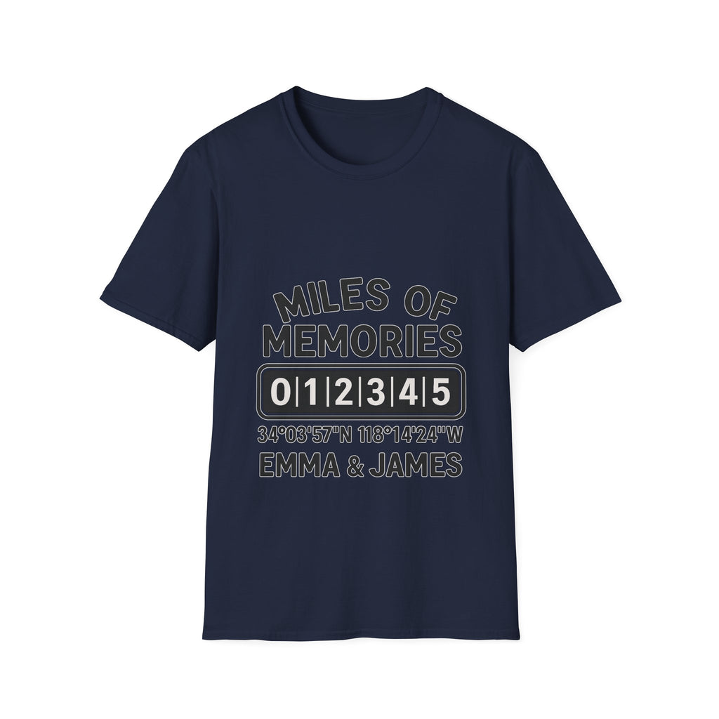 Personalized Anniversary Shirt for Couples | Miles of Memories Custom Odometer Tee | Romantic Travel Gift with Coordinates & Names