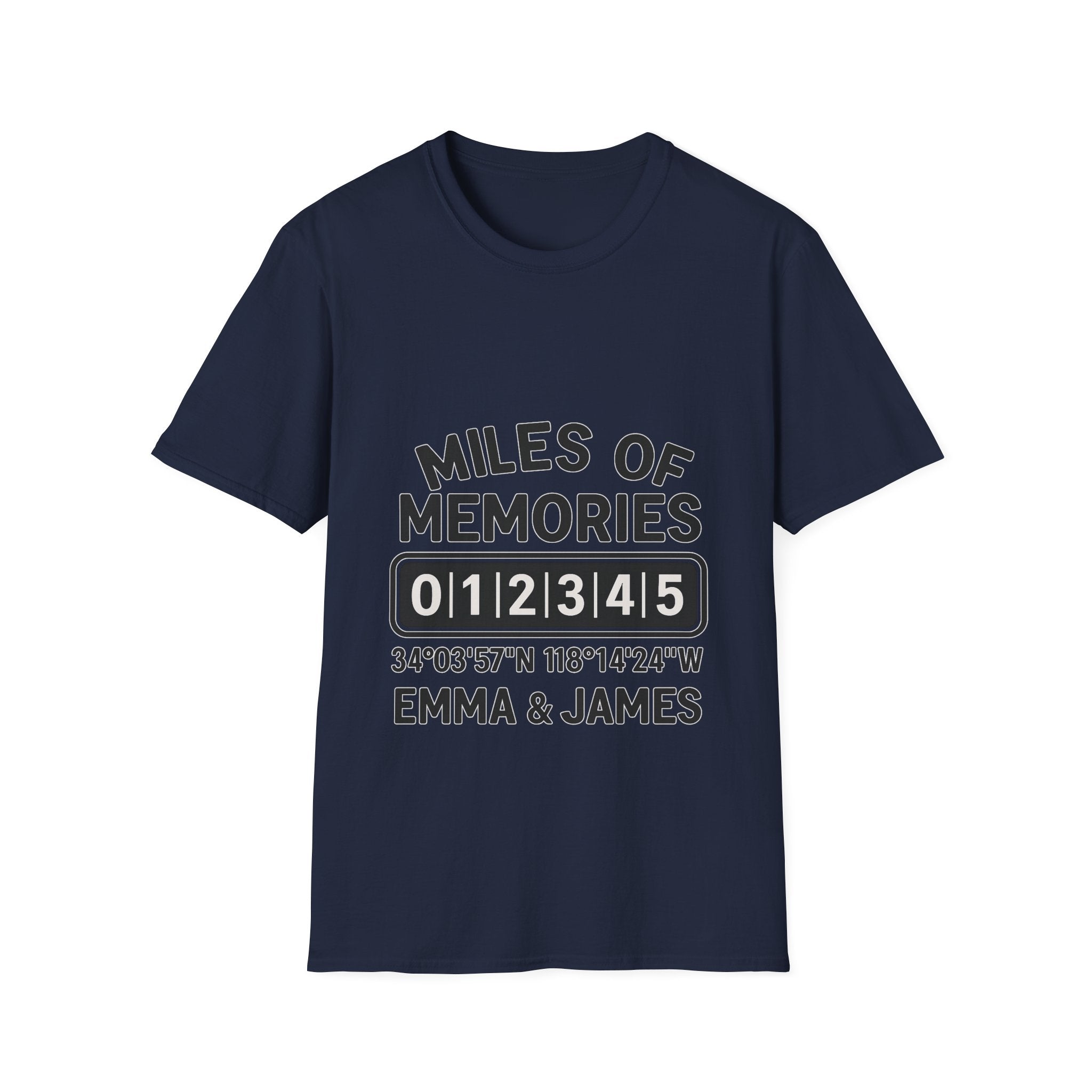 Personalized Anniversary Shirt for Couples | Miles of Memories Custom Odometer Tee | Romantic Travel Gift with Coordinates & Names